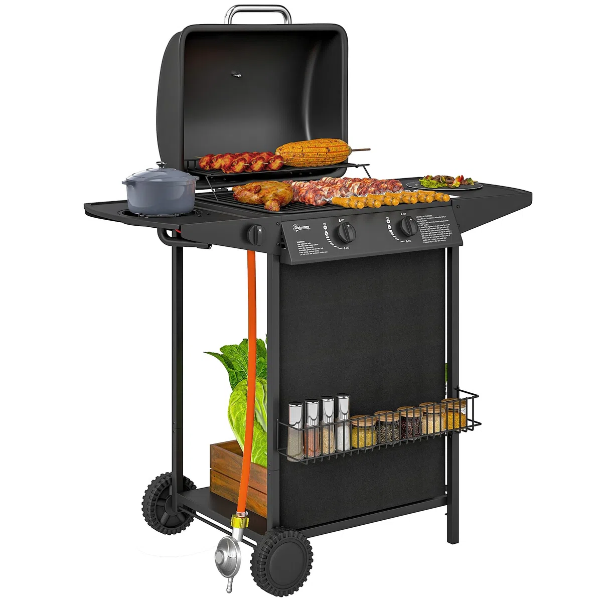 Outsunny Barbecue a Gas 7kW 2+1 Bruciatori con Coperchio, Termometro, Tavolino Laterale, Nero