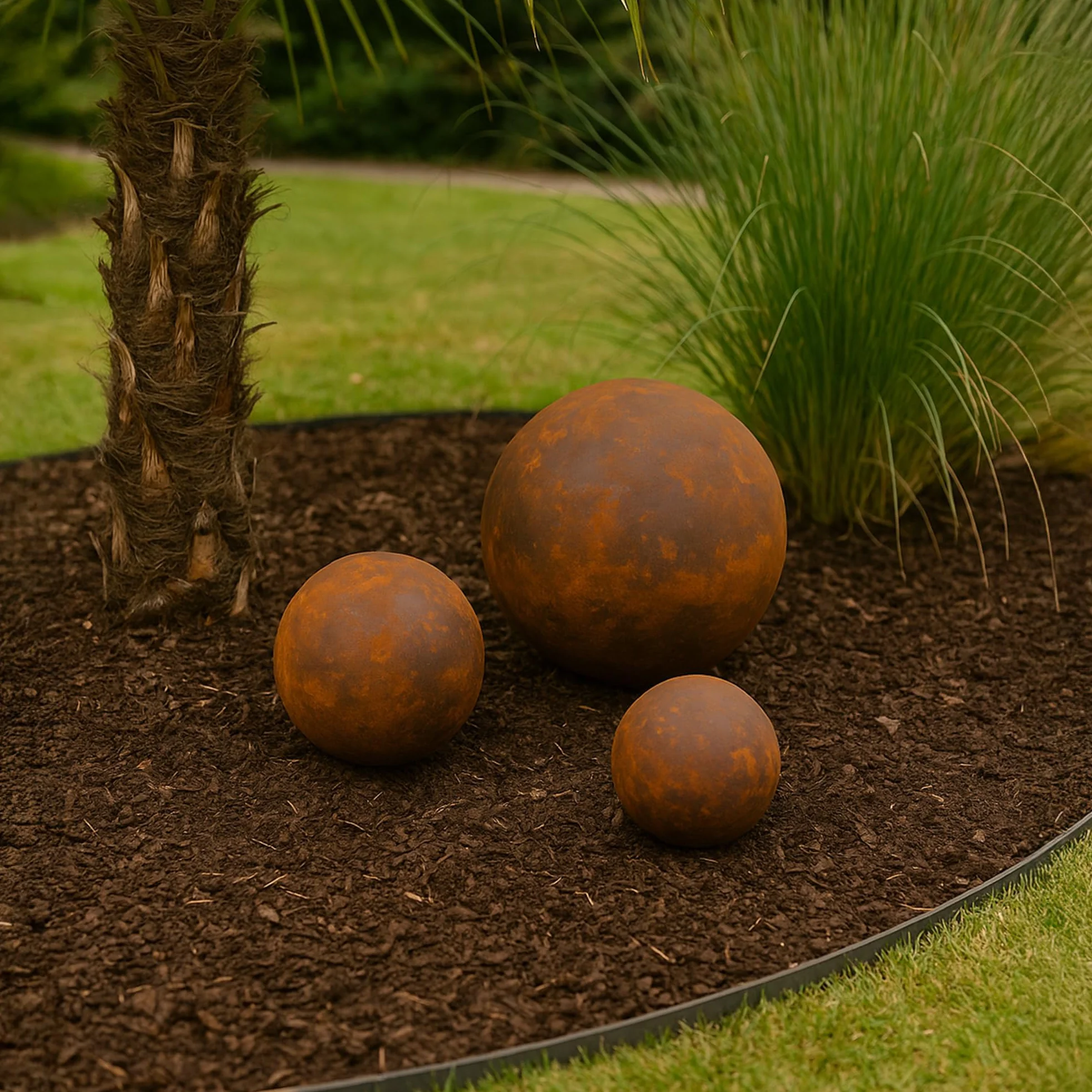 Sfera decorativa da giardino in metallo diametro 30 cm effetto ruggine
