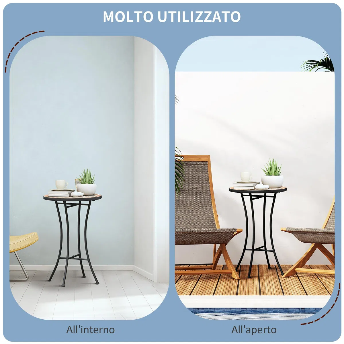Outsunny Tavolino da Giardino Rotondo Ø35.5x53.5 cm Ceramica Mosaico Metallo Nero Giallo Grigio Bianco