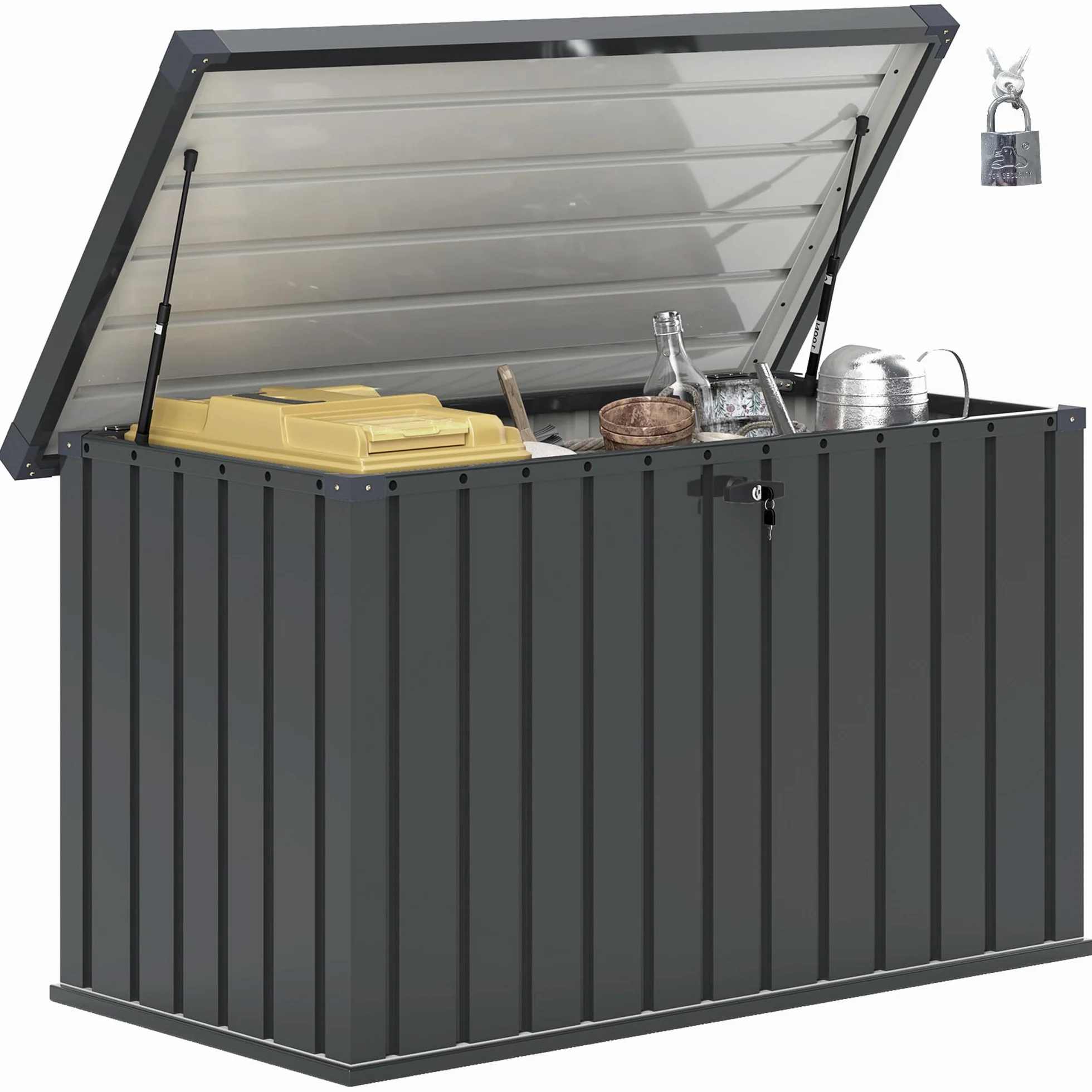 Outsunny Baule da Esterno da 400L con Coperchio a Doppia Leva, Serratura e 2 Chiavi, Cassapanca Contenitore da Esterno Impermeabile in Acciaio Zincato, 124x66x72 cm, Grigio Scuro
