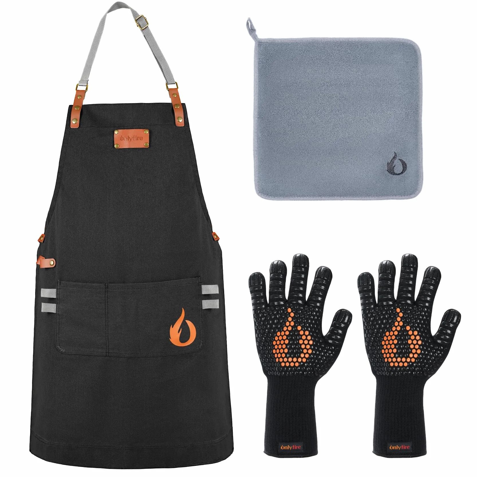 onlyfire Set di Utensili da Cucina da 3 Pezzi, Guanti da Barbecue Resistenti al Calore, Grembiule Regolabile con 2 Tasche e Panno di Pulizia in Microfibra, Set di Accessori per Barbecue per Cucinare