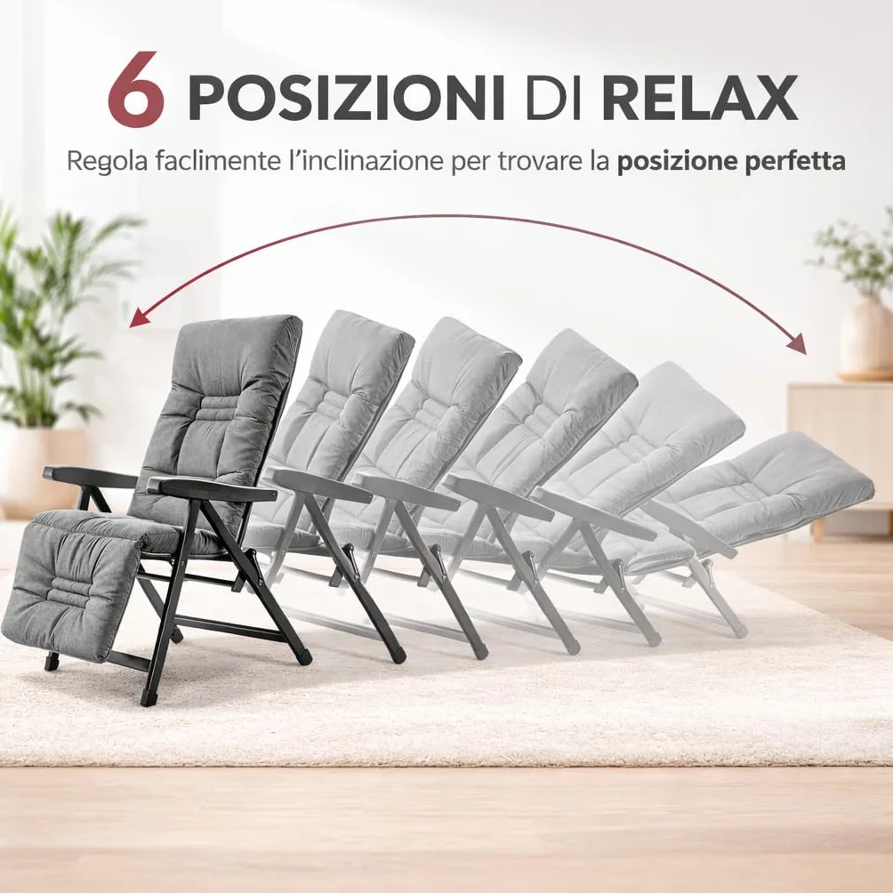 Sdraio Reclinabile Imbottita 154x60x65 cm 6 Posizioni Prolunga Estendibile Braccioli Ergonomici Struttura Acciaio Grigio Made in Italy