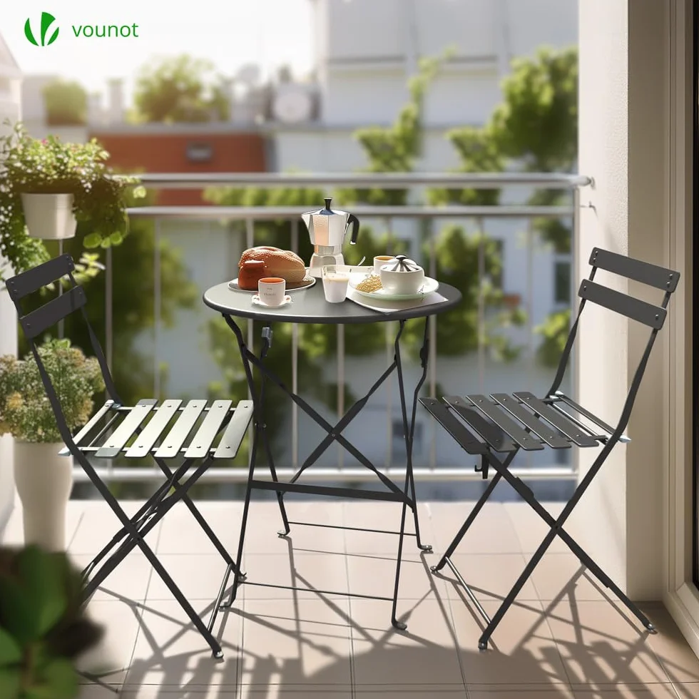 VOUNOT® Set da Giardino Pieghevole da 3 Pezzi, Tavolo Bistrot con 2 Sedie, Acciaio, Grigio