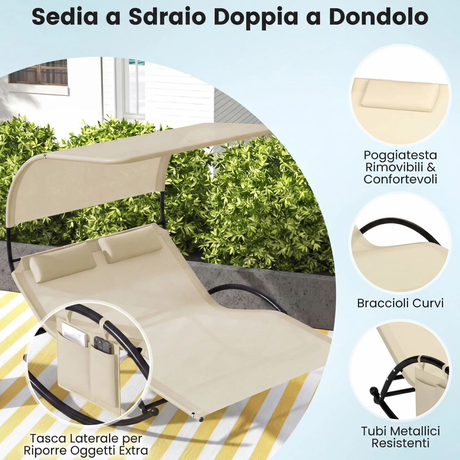 COSTWAY Lettino Prendisole a 2 Posti, Lettino in Tessuto Textilene, con 2 Poggiatesta Staccabili, Sedia a Dondolo da Giardino con Struttura Metallica, Lettino con Tettuccio Portata 300 kg (Beige)