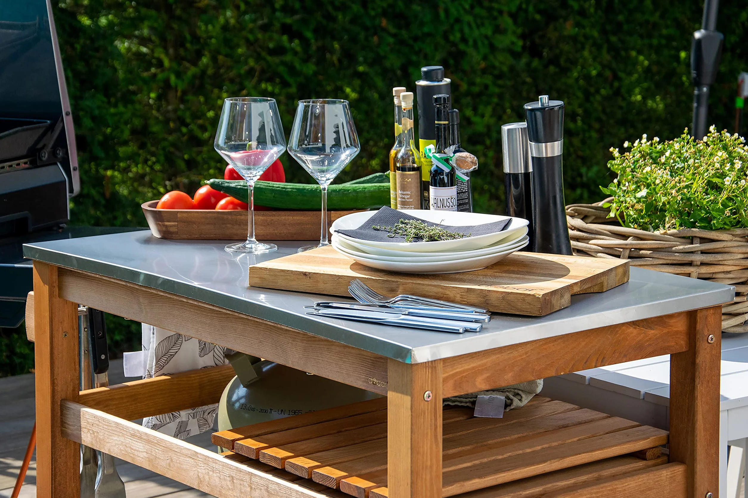 dobar® 35540FSCe Tavolo multifunzione con carrello arrotolabile legno massiccio piastra acciaio inox 94x58x90 cm Marrone