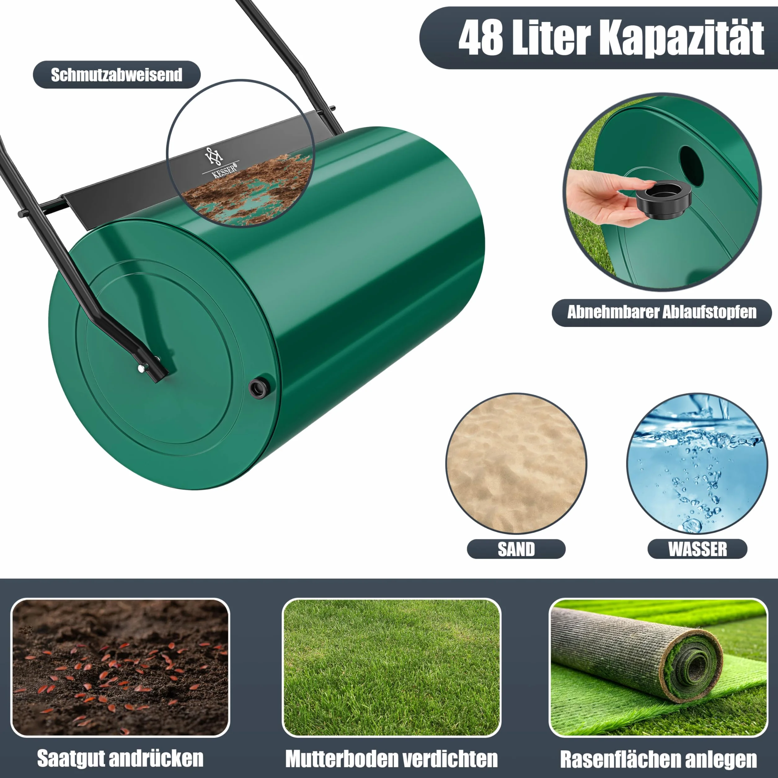 KESSER® - Rullo per Prato 60cm 48l Volume di riempimento in Metallo con deflettore dello Sporco Rullo Manuale Rullo per Giardino Rullo per Campo Rullo riempibile con Acqua/Sabbia 60 kg, Verde