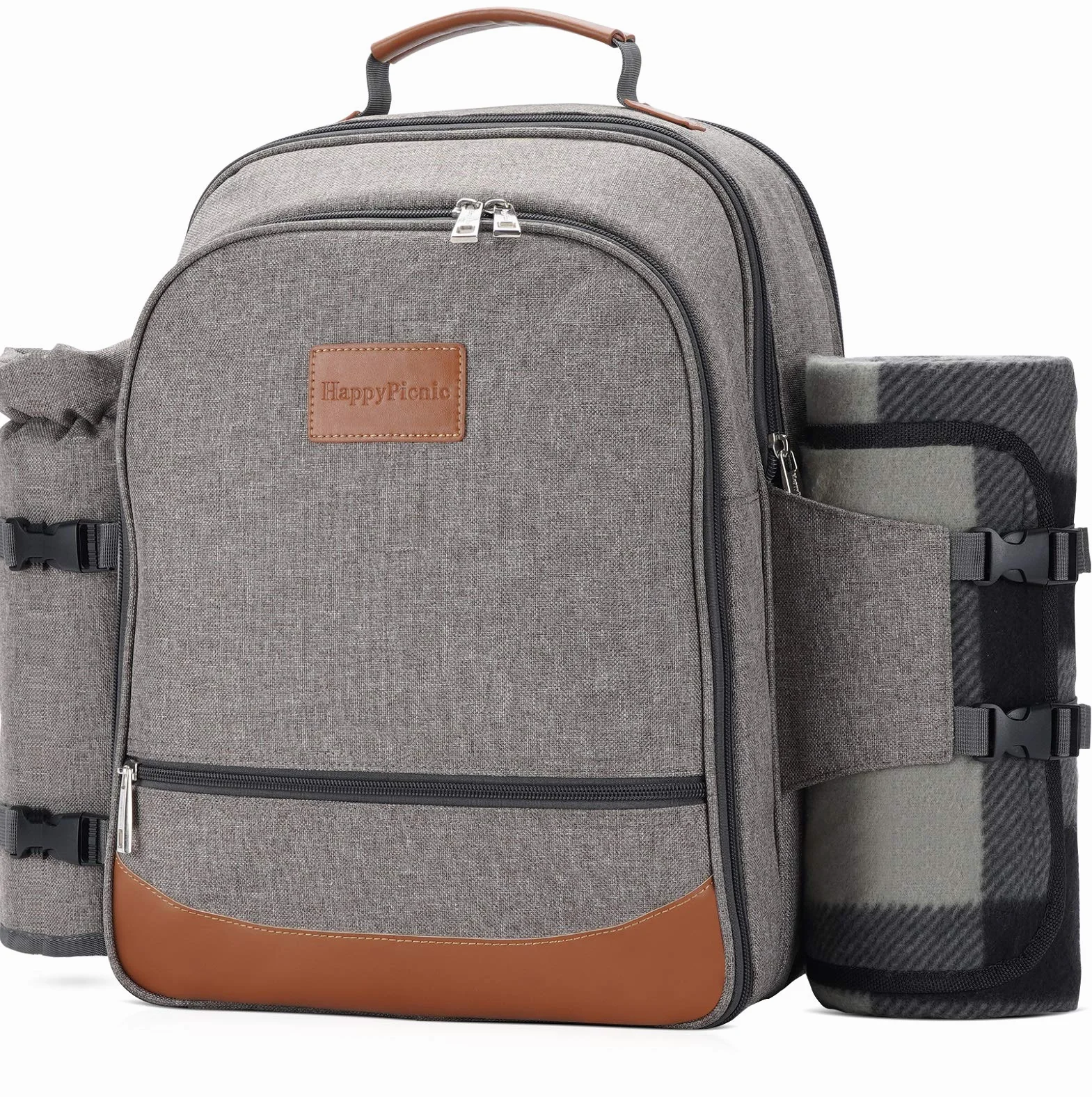 HappyPicnic Zaino da picnic isolato 4 persone stoviglie scomparto raffreddamento portabottiglie tappeto impermeabile