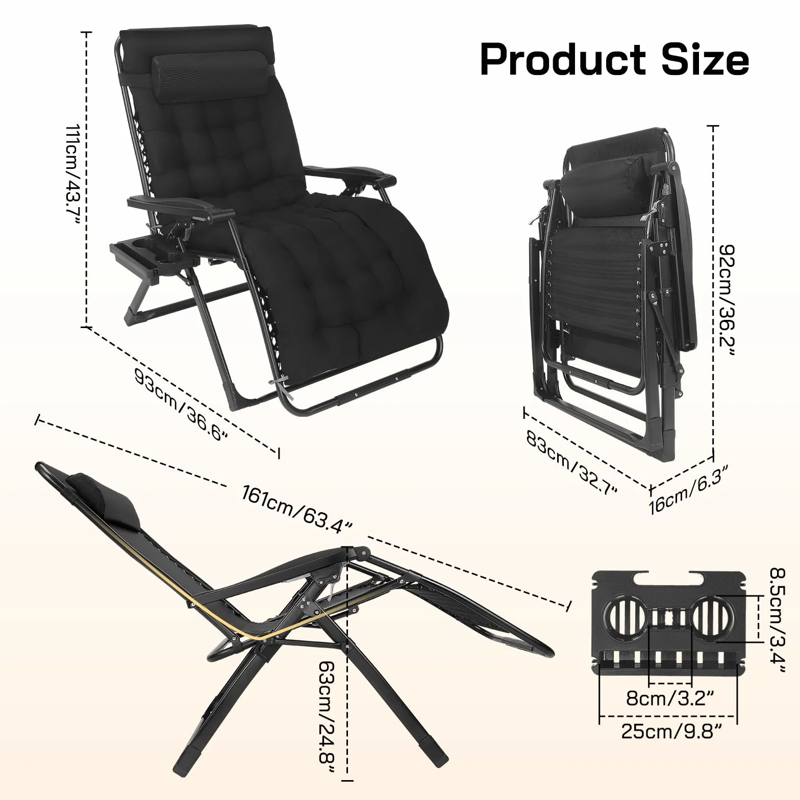 Sdraio da giardino 2 in 1 pieghevole regolabile 90°-170° portata 440LBS cuscino rimovibile 83 cm nero