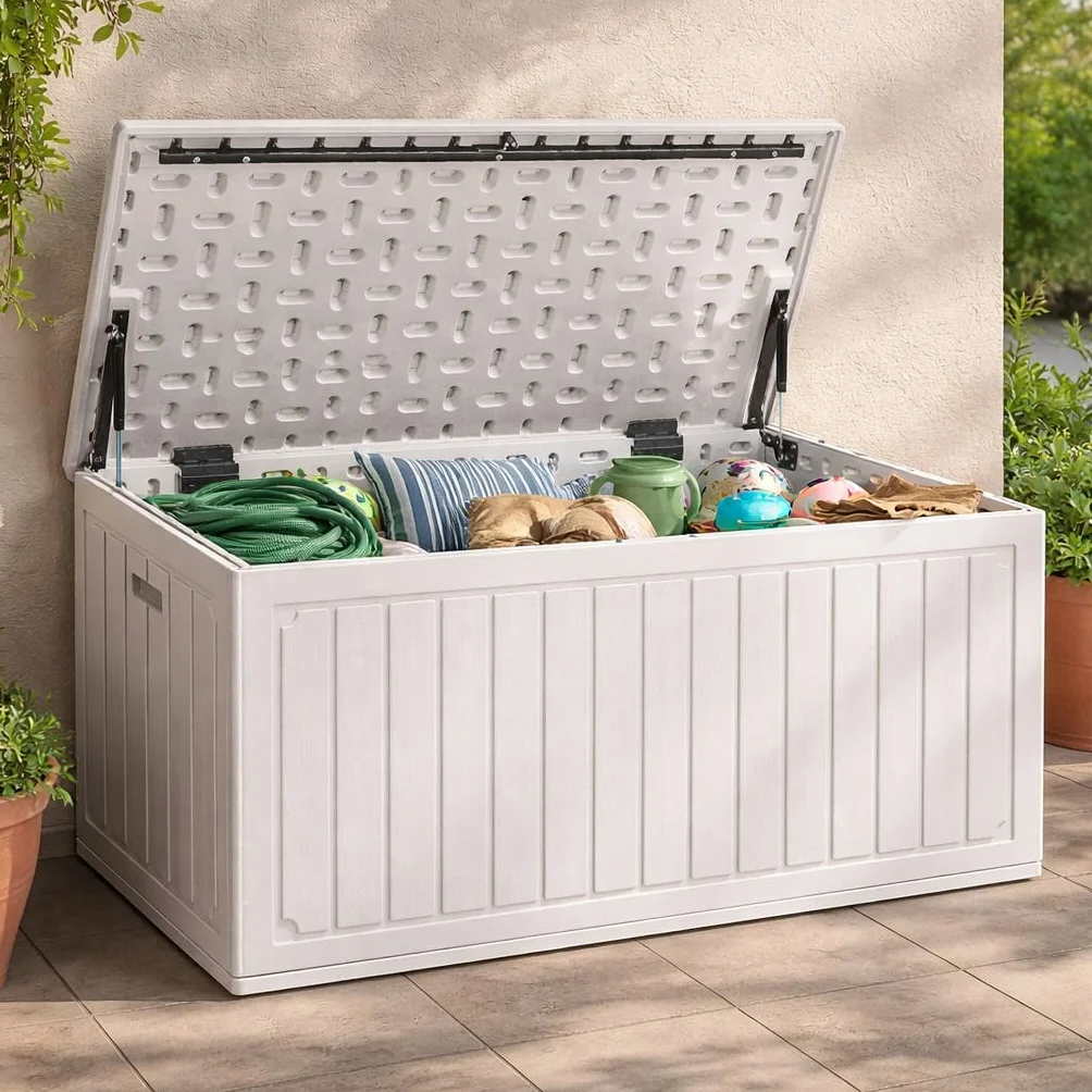 Baule da Esterno Impermeabile in Resina Cassapanca Contenitore XXL con Pistoni Bianco 113x58x58 cm