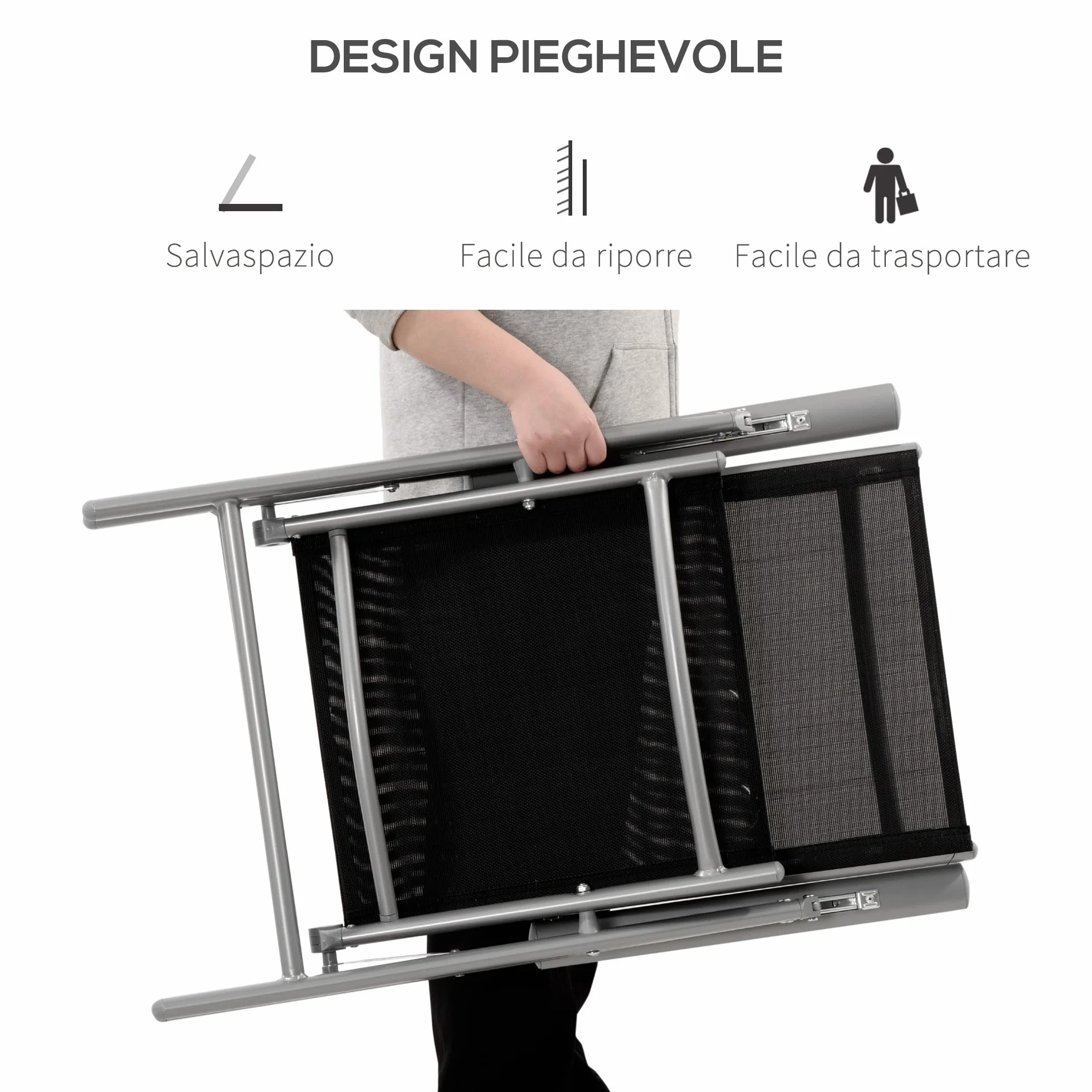 Outsunny Sedia da Giardino Pieghevole Alluminio Texteline Schienale Regolabile 7 Livelli Nero 65x55x85-105cm