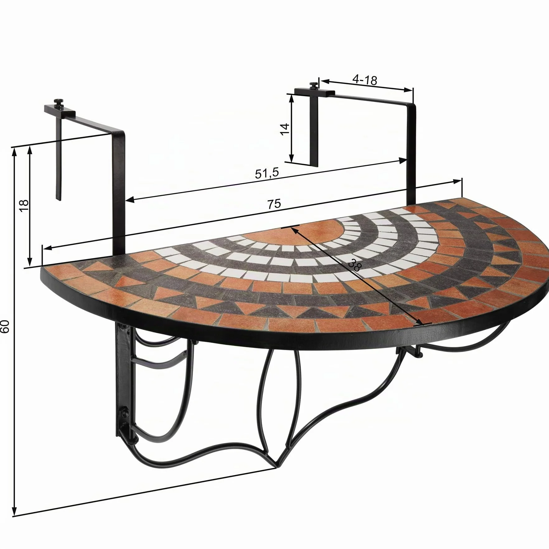 Tectake Tavolo da Balcone 75x65x62cm Mosaico di Pietra Ganci metallo Design Semicircolare Terracotta Bianco