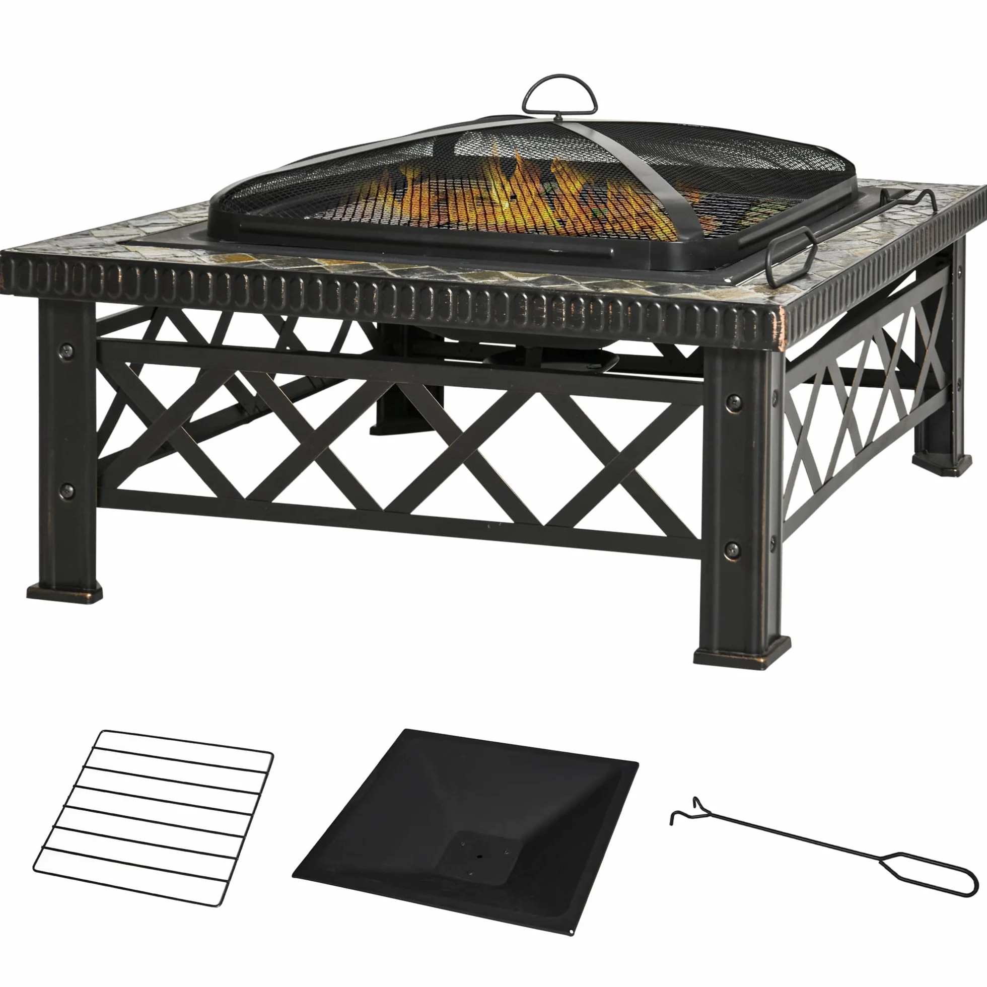 Outsunny Braciere da Giardino 76x76x47cm Nero con Coperchio Parascintille e Griglia per Barbecue