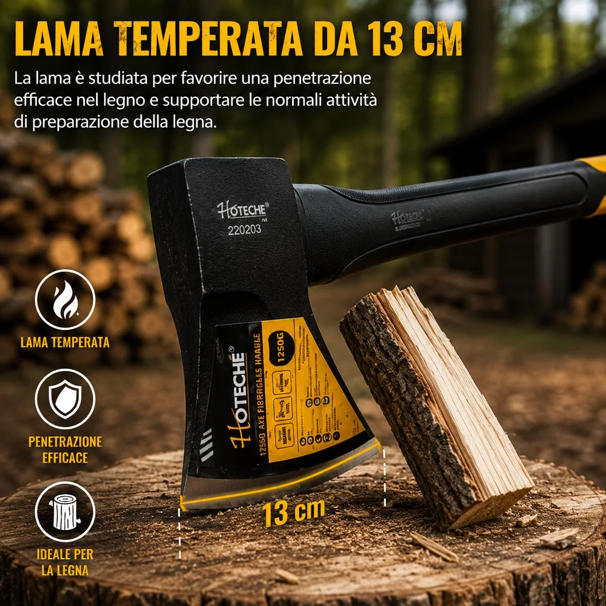 Mazza Accetta Spaccalegna 1250 g Manico 80 cm ABS Antiscivolo Ascia Legna Acciaio Forgiato Lama Temperata 13 cm