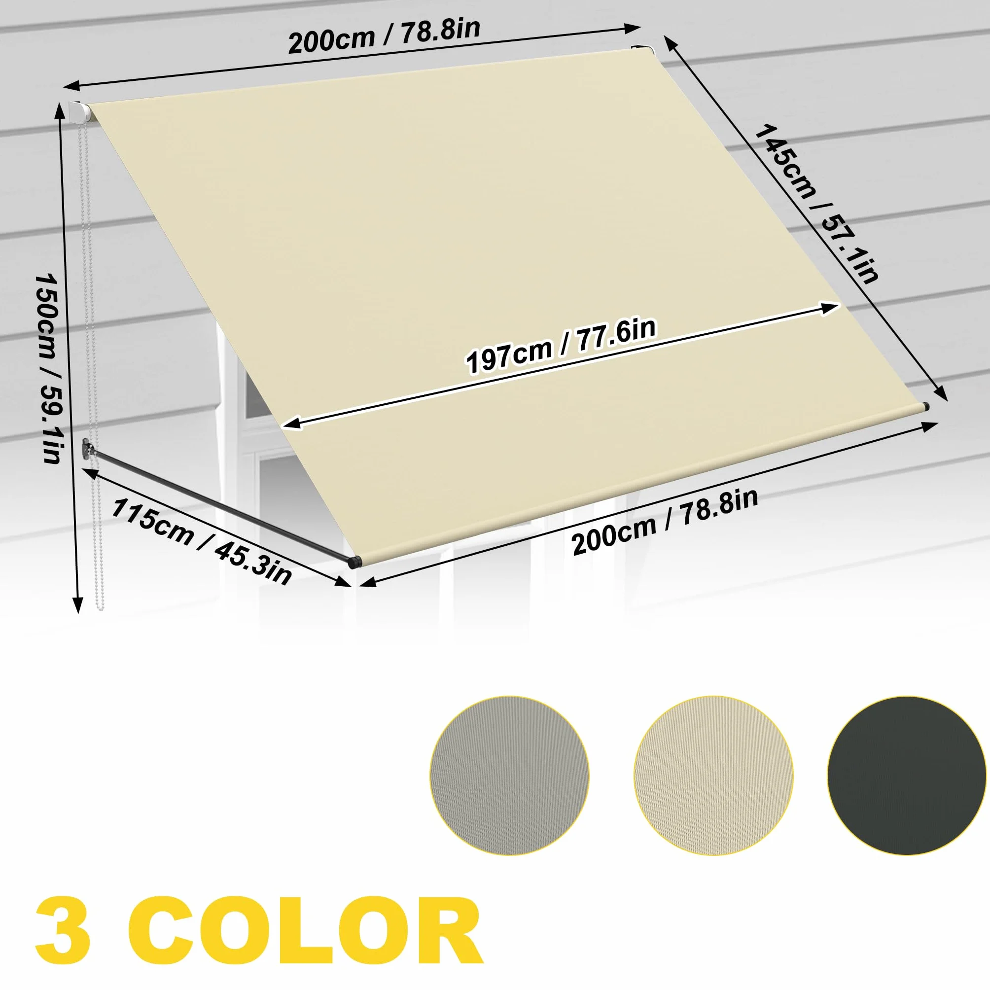 Tenda da sole parasole 200x143cm, tessuto poliestere 180g/m², bracci cadenti, telaio alluminio per balcone