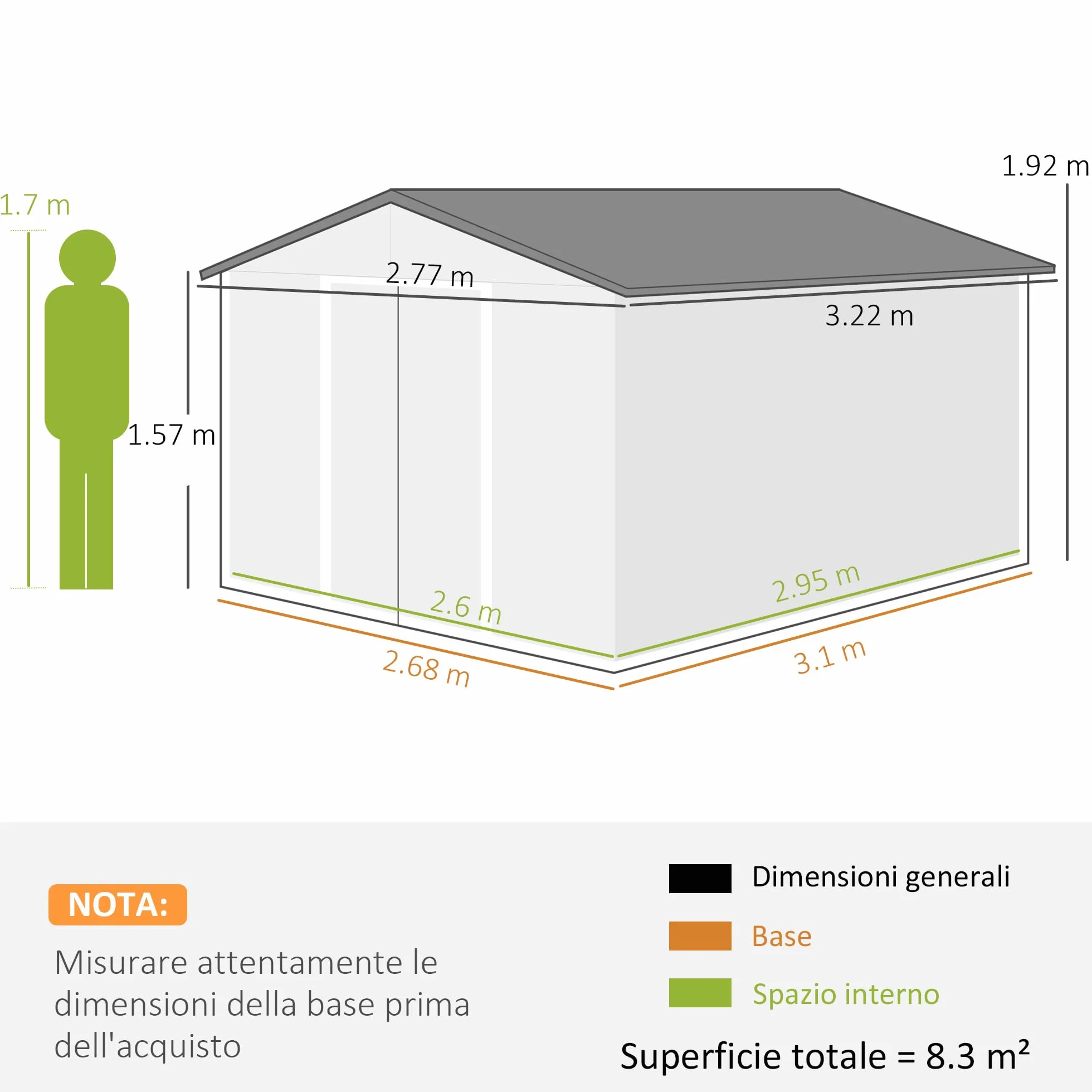 Outsunny Casetta da Giardino in Lamiera d'Acciaio 8.3 m² con 2 Porte Scorrevoli 277x322x192 cm Grigio Scuro