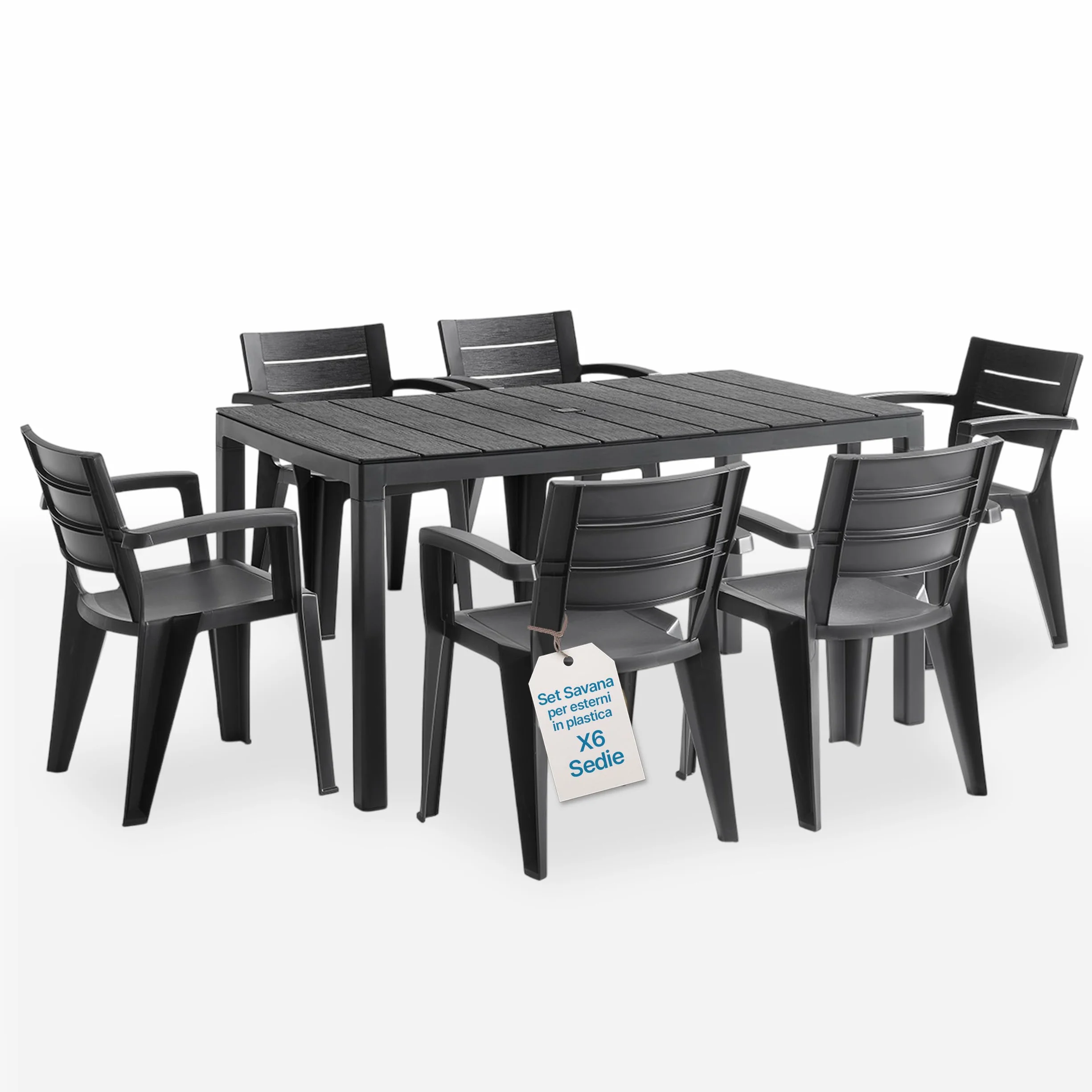 Tomaino Set Savana Tavolo da Giardino con 6 Sedie in Plastica Allungabile Nero