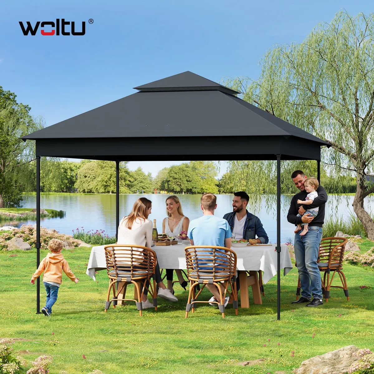 WOLTU Gazebo da Giardino 3x3 Pieghevole Impermeabile con Zanzariera Doppio Tetto Antracite
