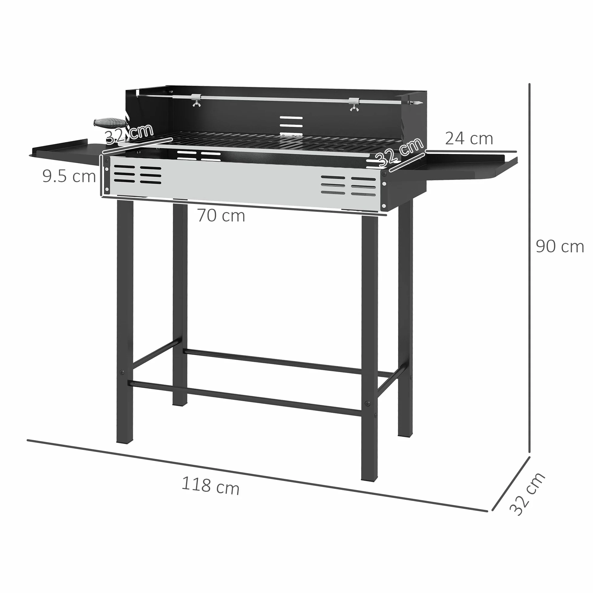Outsunny Barbecue a Carbone 3 Livelli in Acciaio Inox con Mensole Pieghevoli e Girarrosto, 118x32x90 cm, Nero