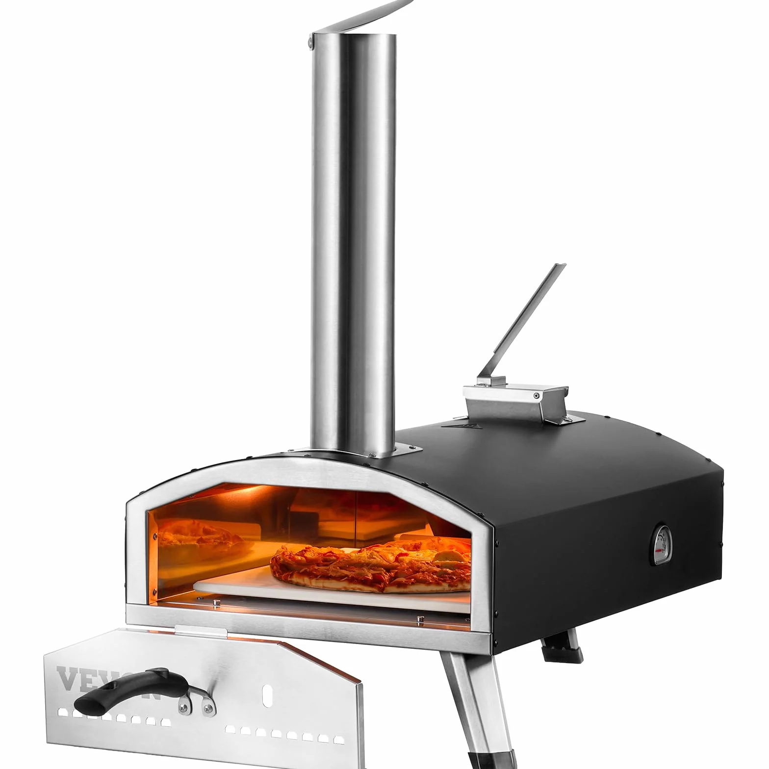 VEVOR Forno Portatile per Esterni 304 mm, Tri-Fuel Pellet Trucioli Carbone, Griglia Pizza con Pietra e Copertura, Nero