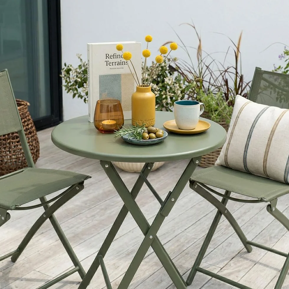 UBERTI. Set Bistrò Pieghevole Balcone Tavolino Rotondo Metallo 2 Sedie Metallo Textilene Verde Oliva