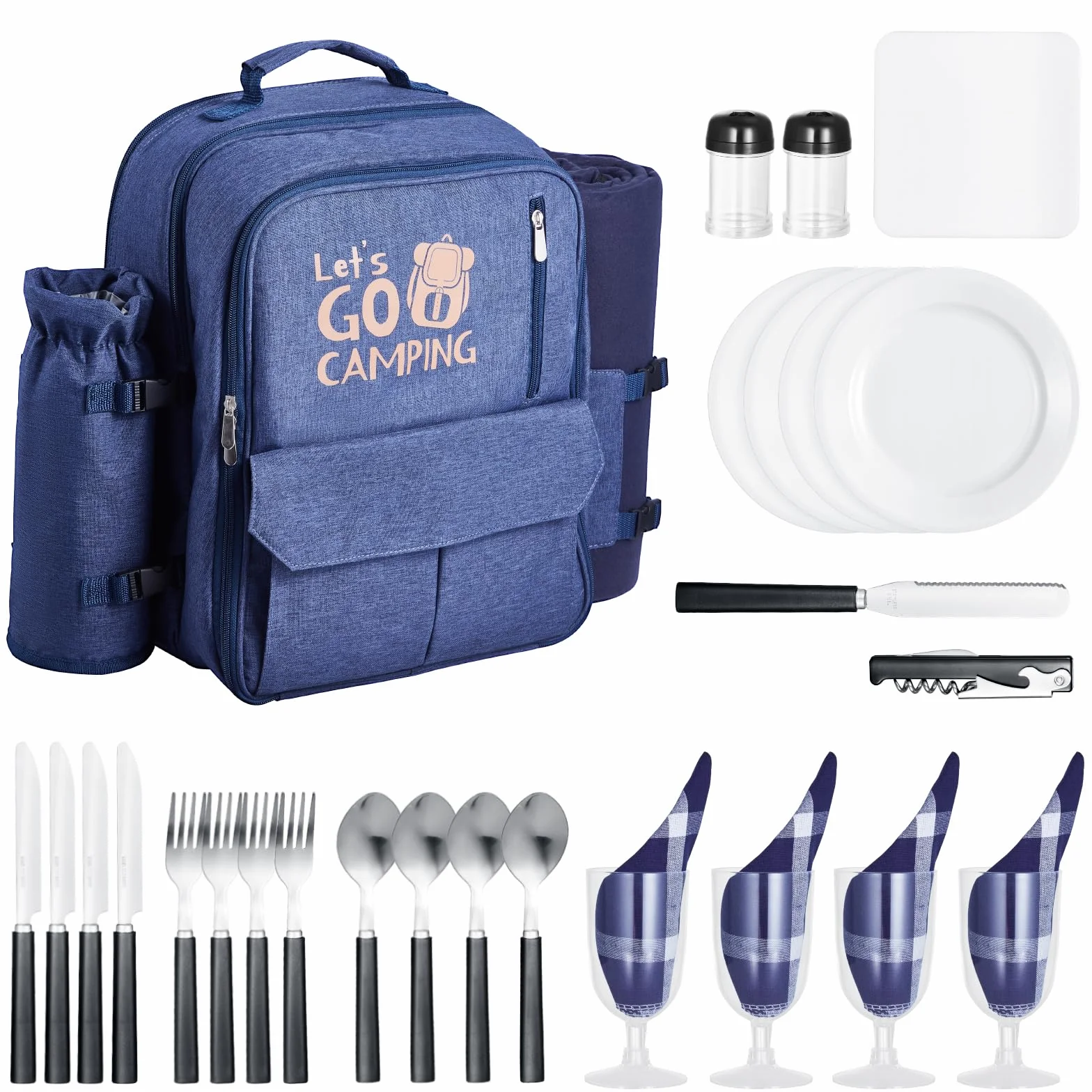VEVOR Zaino da Picnic per 4 Persone, Capacità di 20 L Borsa da Picnic da Spiaggia con Portabottiglie Vino Staccabile, Coperta Leggera, Piatti e Sei di Posate per Esterni, Blu Marino