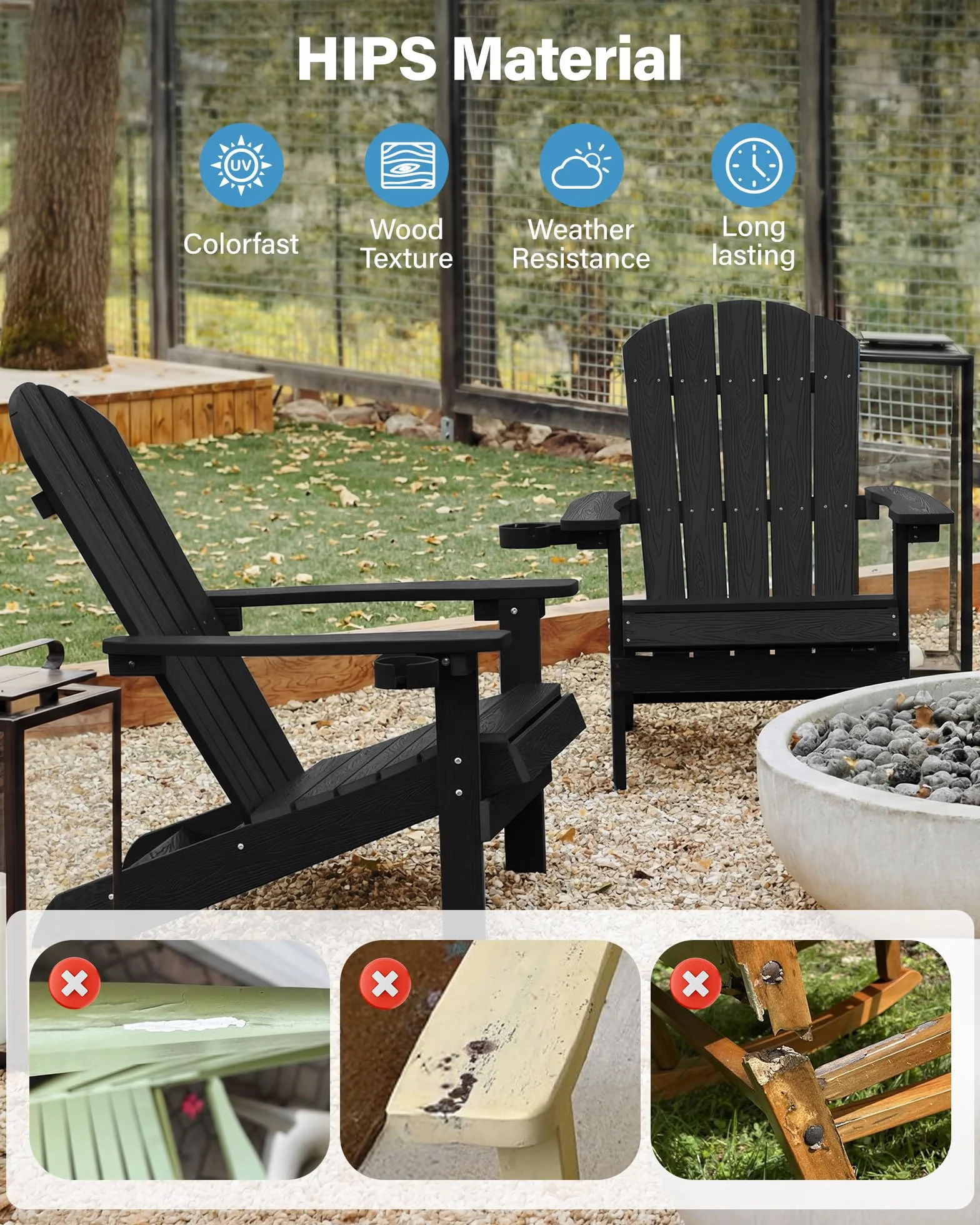 MXIMU Adirondack - Sedia da giardino per esterni, con schienale ergonomico e confortevole, resistente ai fianchi, con portabicchieri, per tutte le condizioni atmosferiche, per patio, braciere