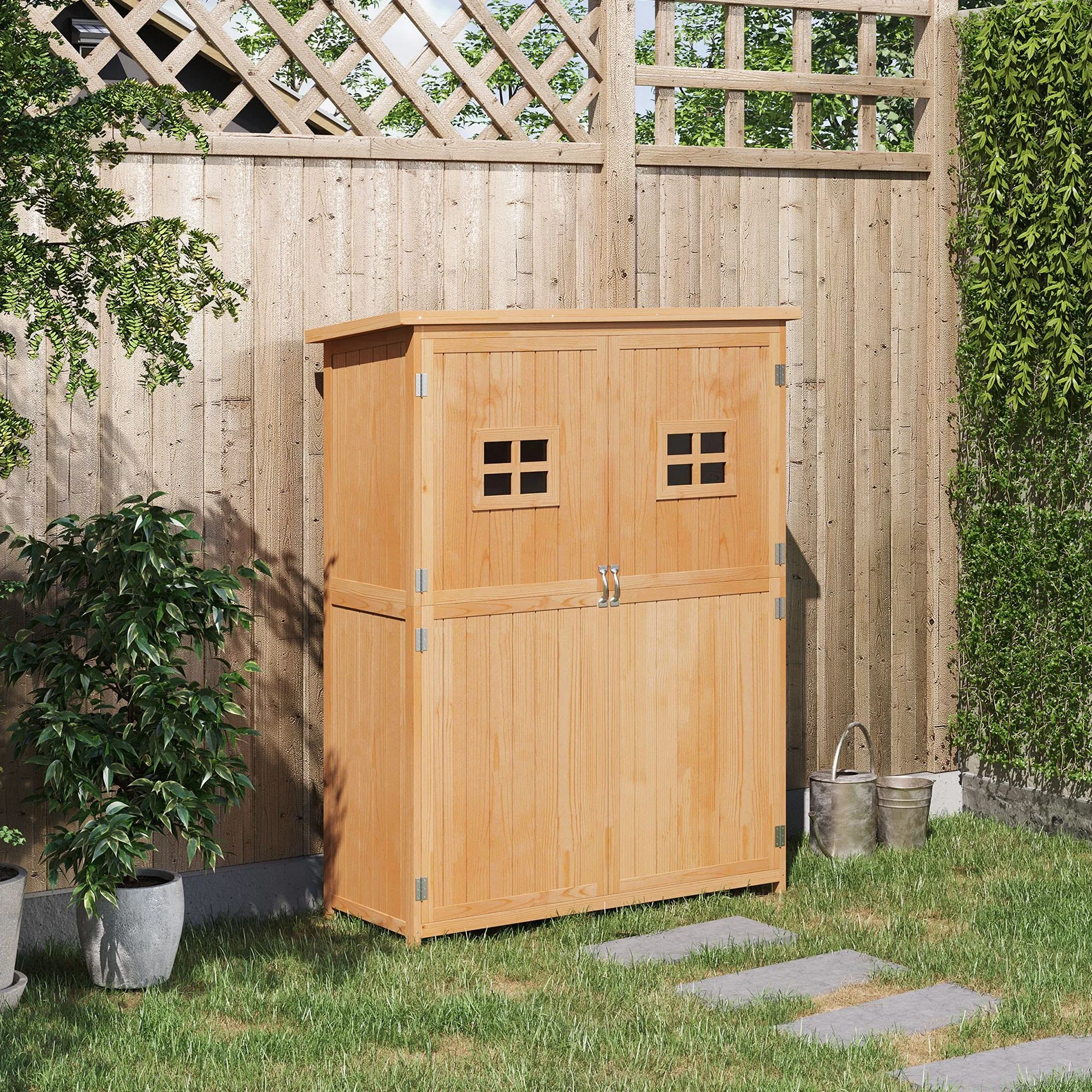 Outsunny Casetta da Giardino in Legno di Abete con Porta Doppia, Capanno Attrezzi con Mensole e Finestre, 127.5x50x164cm