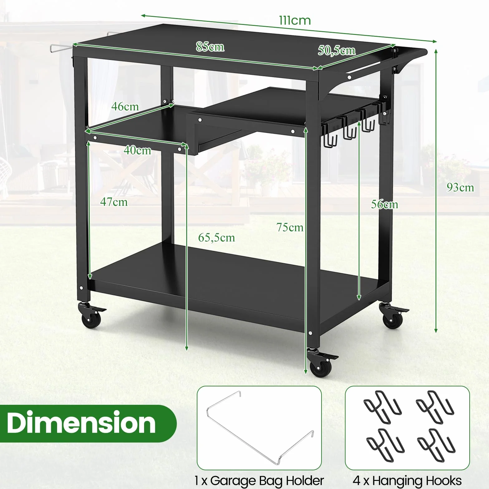 KOMFOTTEU Carrello Barbecue in Metallo, 4 Ripiani, 6 Ganci, Porta Sacchetti, Nero