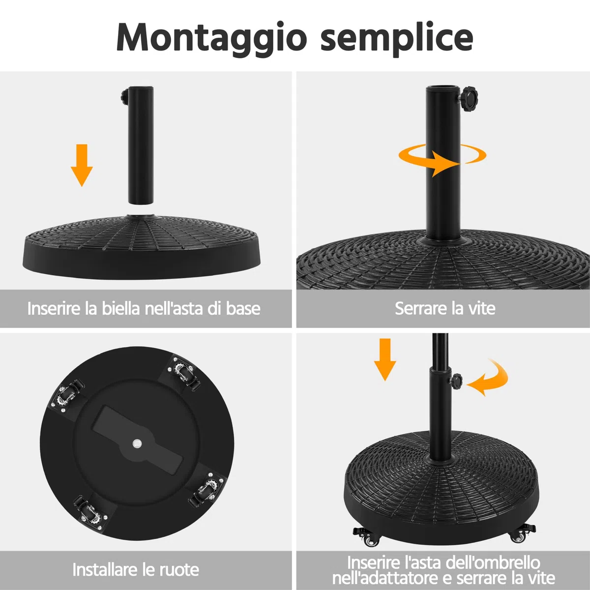 Yaheetech Base per Ombrellone da Giardino in Resina con Ruote da 25,3 kg Supporto per Pali da Ø38 mm e Ø48 mm Simile Rattan Esterno Veranda Terrazza Piscina Spiaggia Patio Nero