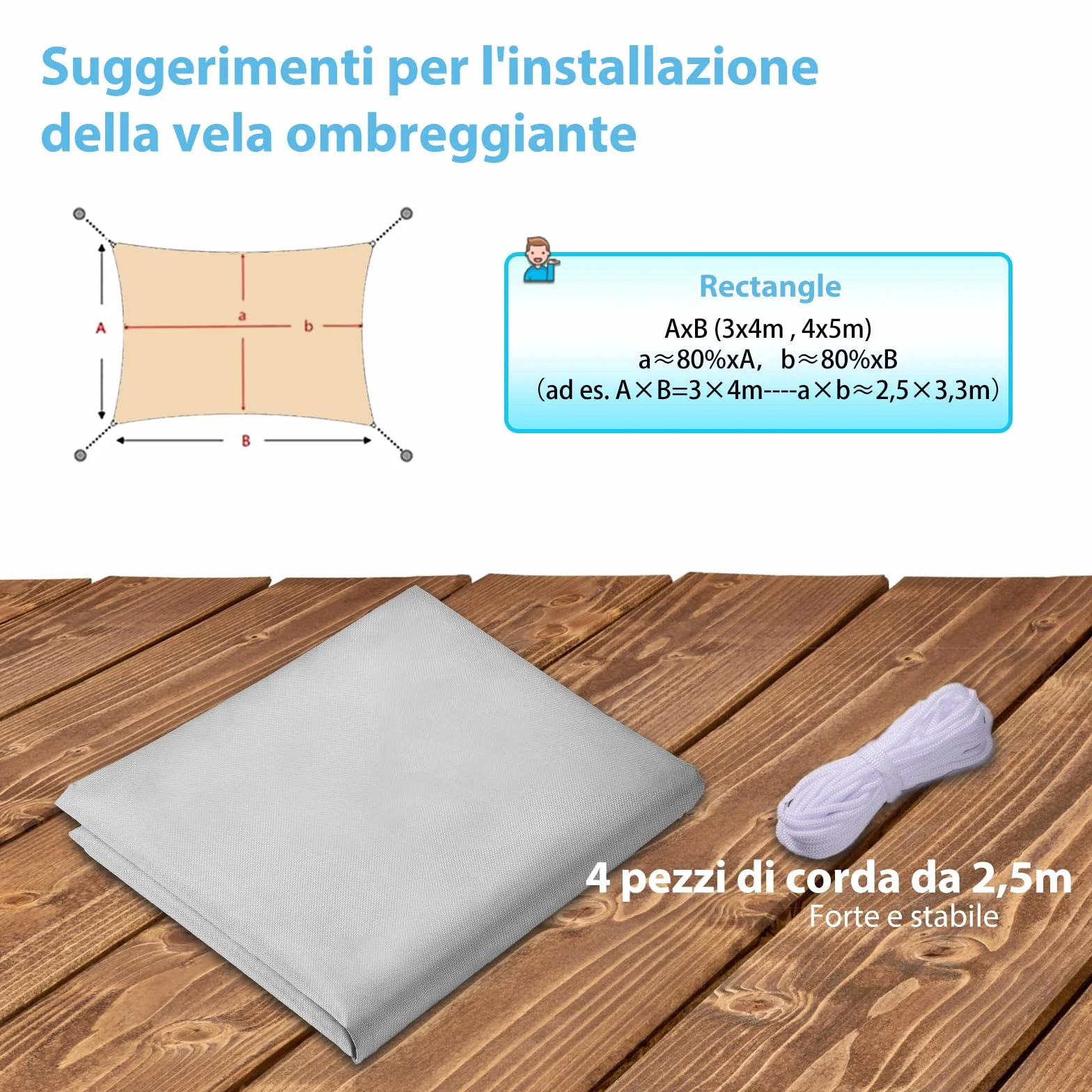 Tenda a Vela Ombreggiante 4x5m Impermeabile Anti-UV Rettangolare, Vela Parasole in Tessuto Oxford 420D Alta Densità, Telo per Esterno, Giardino, Balcone, Terrazzo, Corde Incluse