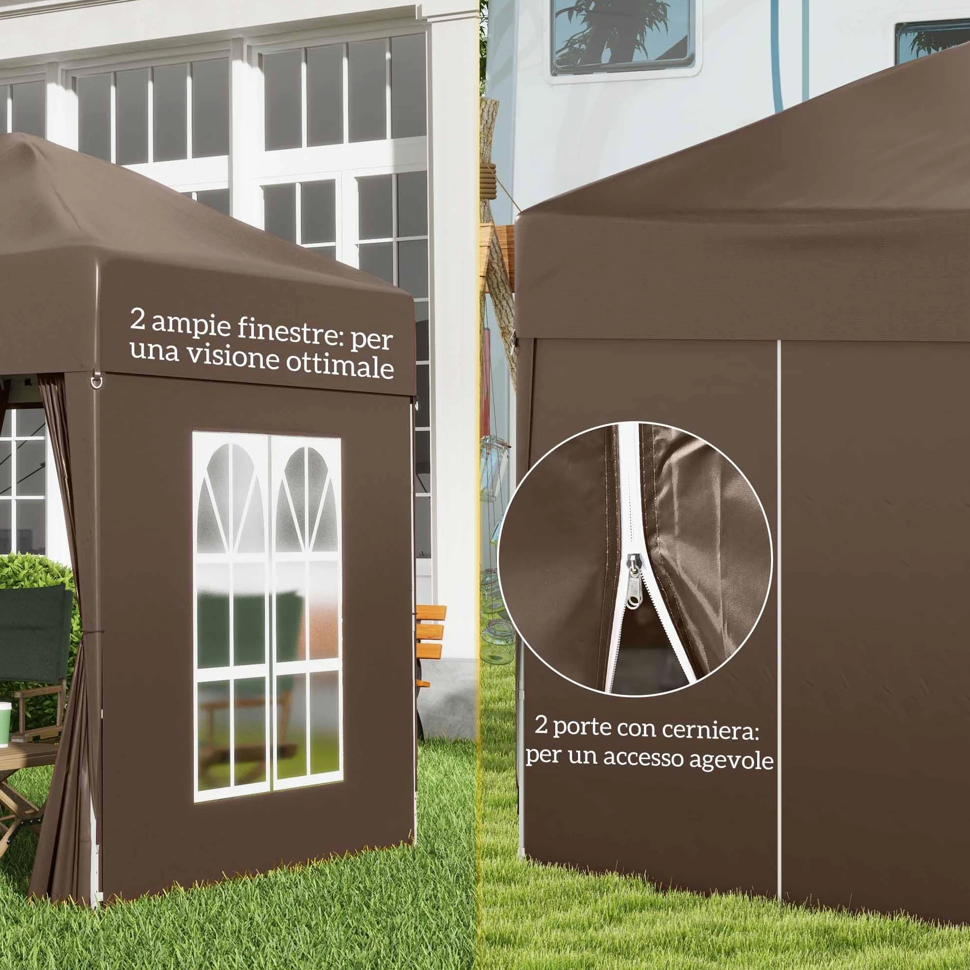 Outsunny Gazebo 2x2 m Pop-up Impermeabile con 4 Pareti Rimovibili, Marrone