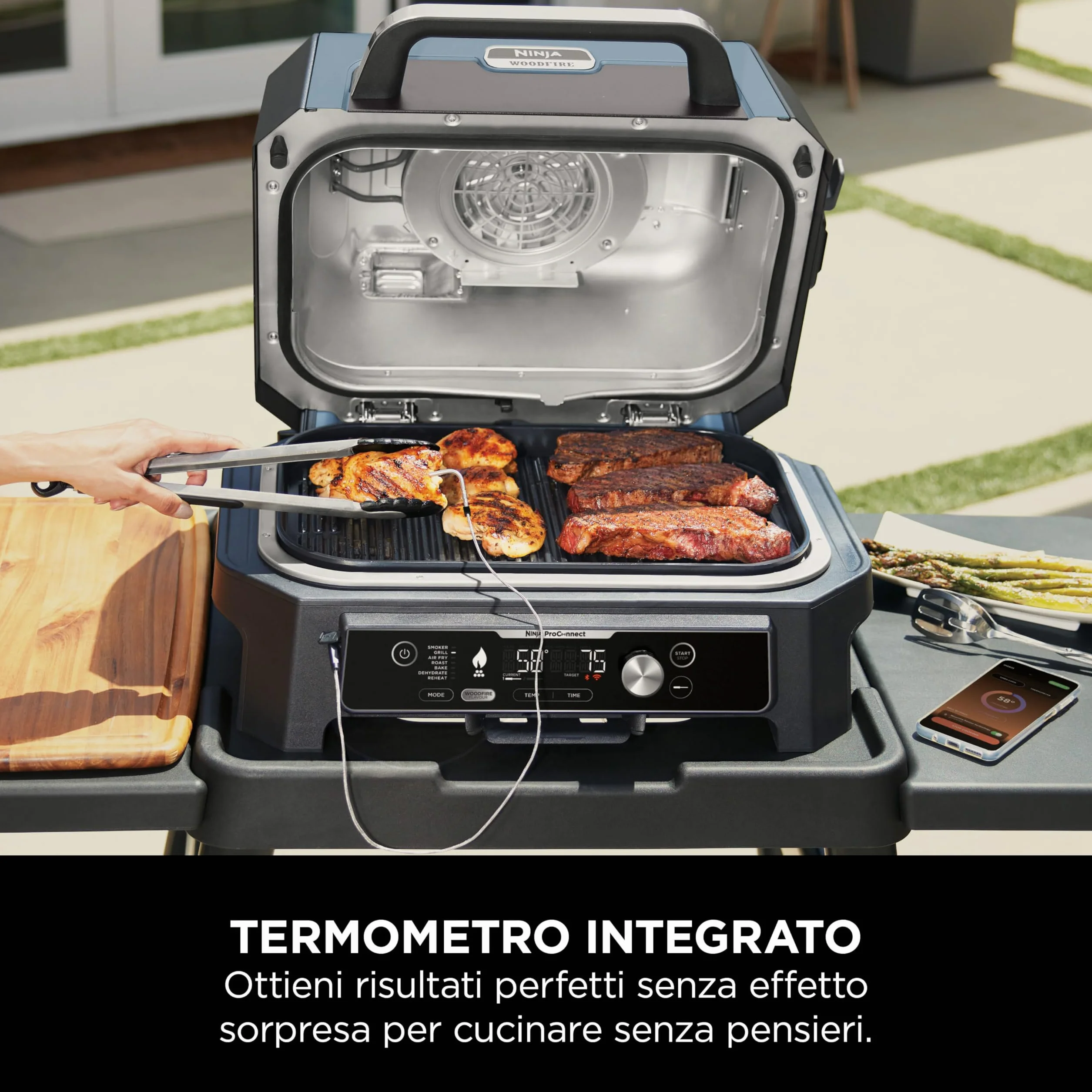 Ninja Woodfire Pro Connect XL Barbecue Elettrico 7 in 1 Griglia Affumicatore Friggitrice ad Aria Controllo App Blu/Nero