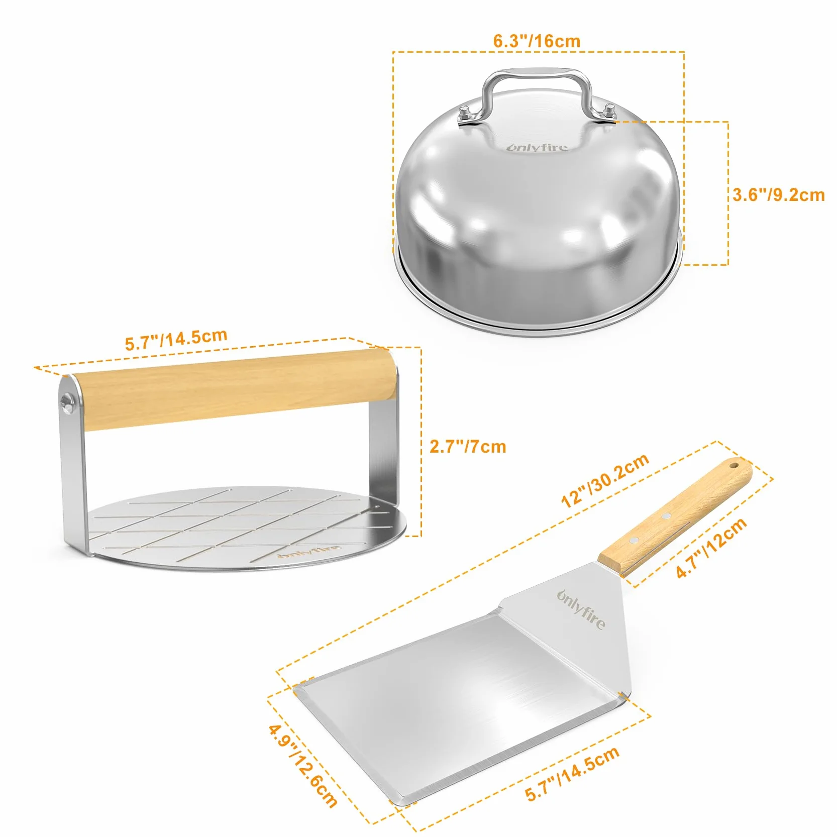 Onlyfire Kit Smash Burger, Coperture per Hamburger da 2 x 16 cm, Pressa per Hamburger Rotonda e Spatola da Grill Grande, Accessori per Barbecue per Piastra, Teppanyaki e Campeggio