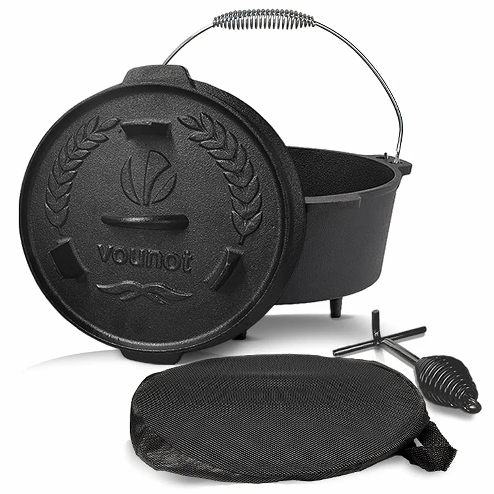 VOUNOT® Forno Olandese 4,25L Pentola in Ghisa con Gambe, BBQ Dutch Oven Ghisa con Sollevatore Coperchio, Supporto, Borsa, per Il Campeggio, la Cucina Casalinga, Il Barbecue e la Cottura
