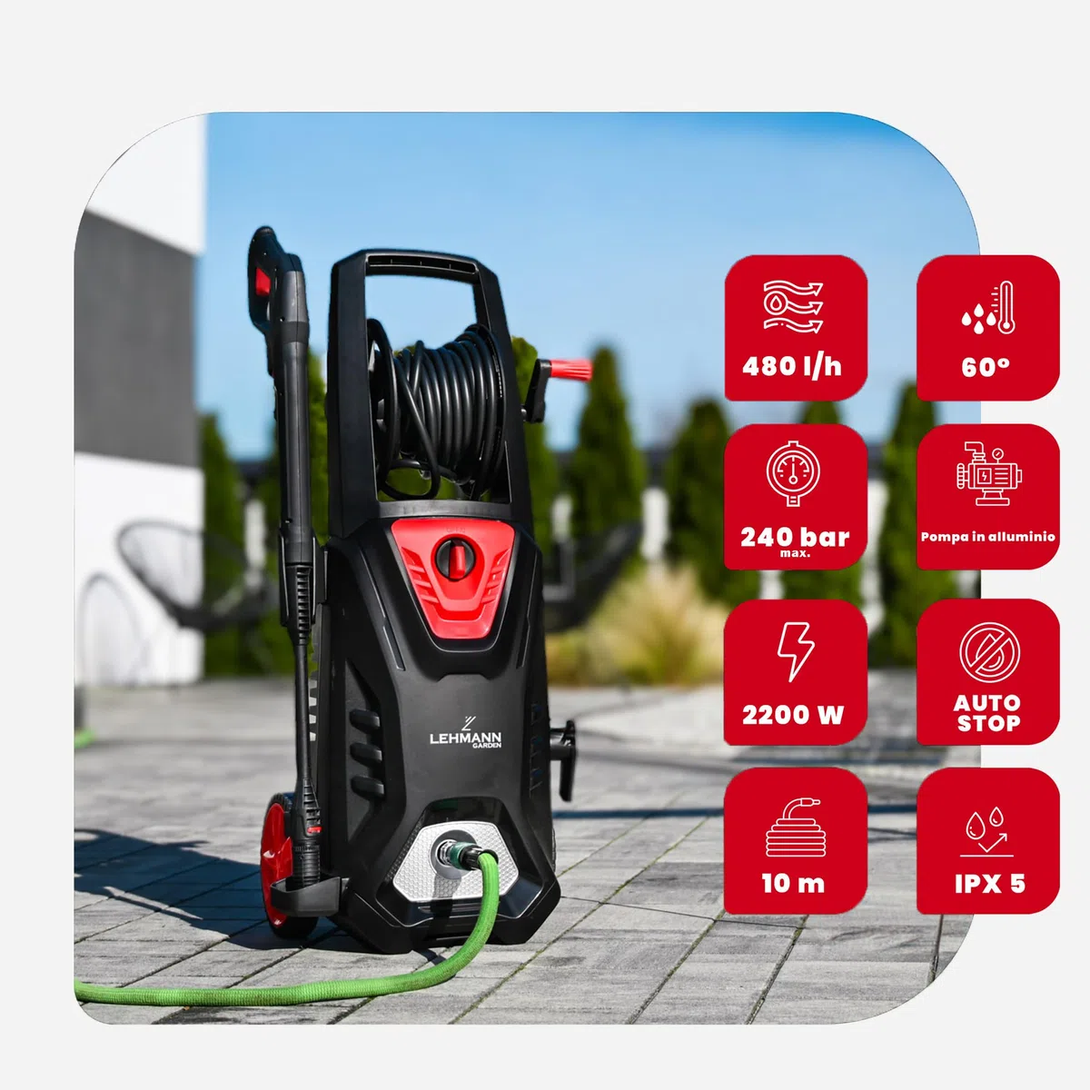 LEHMANN Missouri Idropulitrice ad Alta Pressione 2200 W 240 bar 480 l/h 10 m Lancia Schiuma Ugello Regolabile Turbo