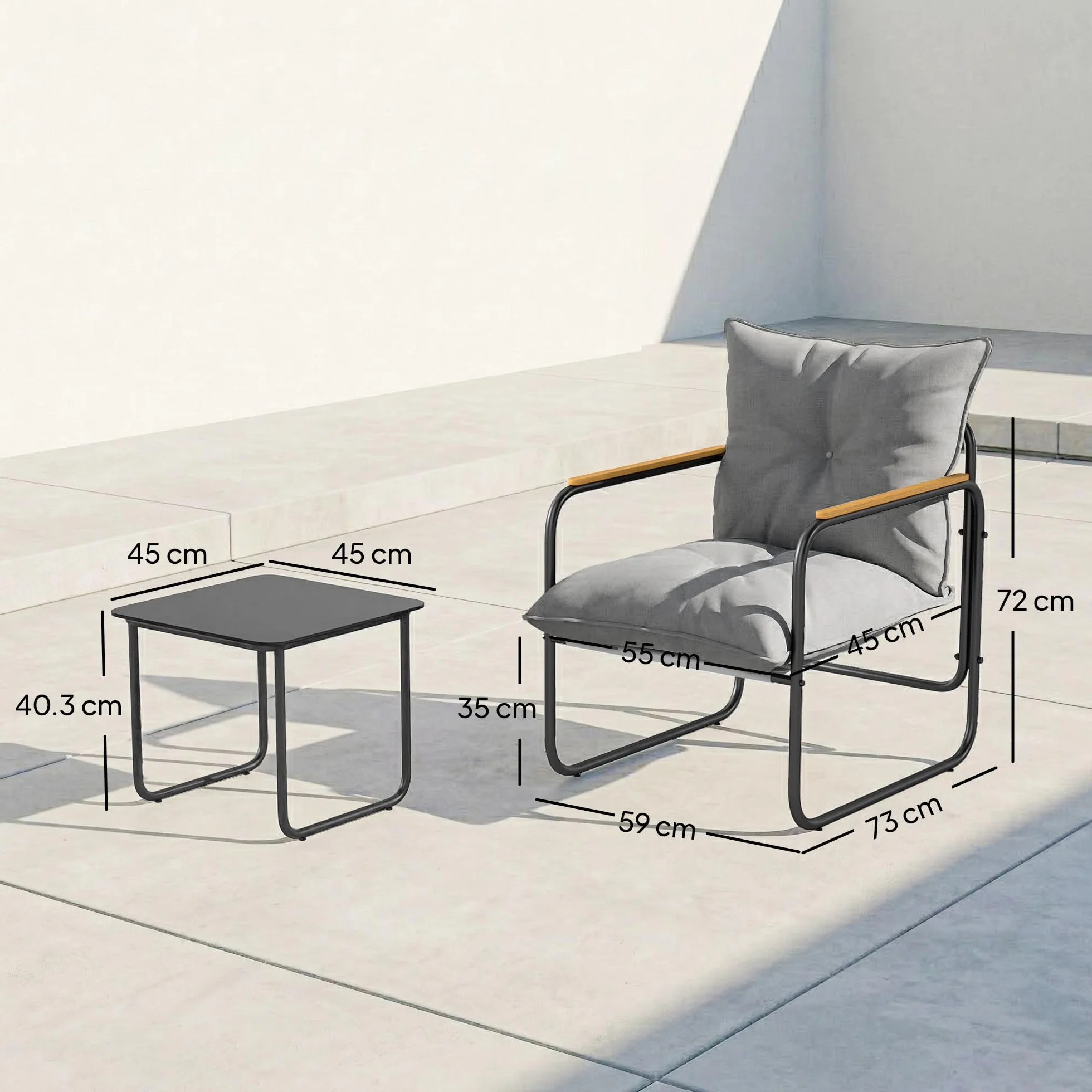 Outsunny Set da Bistrò 3 Pezzi, Set da Giardino in Metallo con 2 Sedie Texteline, Tavolo in Vetro, Cuscini Spessi, Grigio Scuro