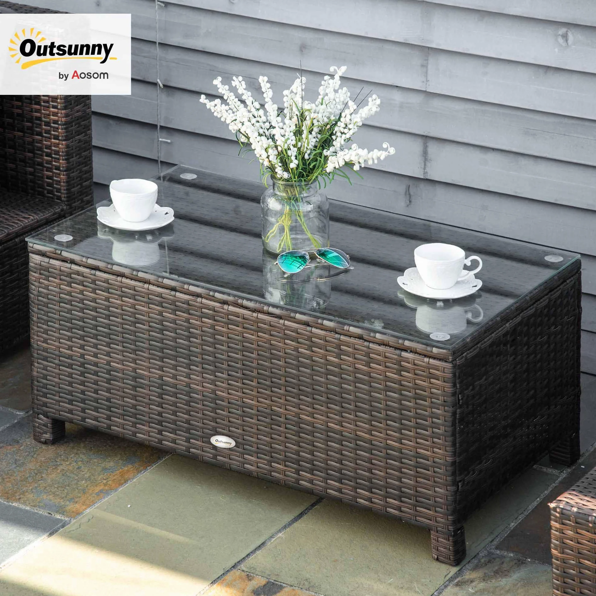Outsunny Tavolino da Giardino in Vetro Temperato Rettangolare 85 x 50 x 39 cm Marrone