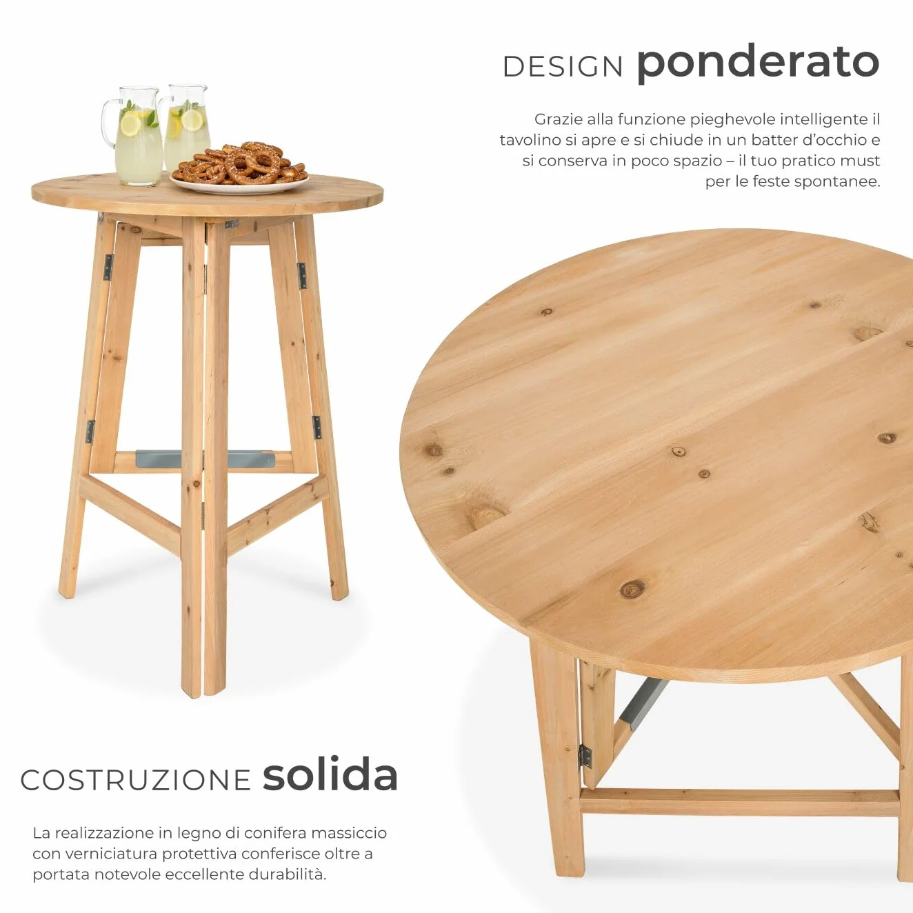 tectake® Tavolo da Bistrot in Legno Massello Rotondo da Giardino, Struttura Robusta, Tavolo Pieghevole, Altezza Ottimale, da esterno, balcone, tavolino da giardino - altezza ca. 110 cm, Ø 79 cm