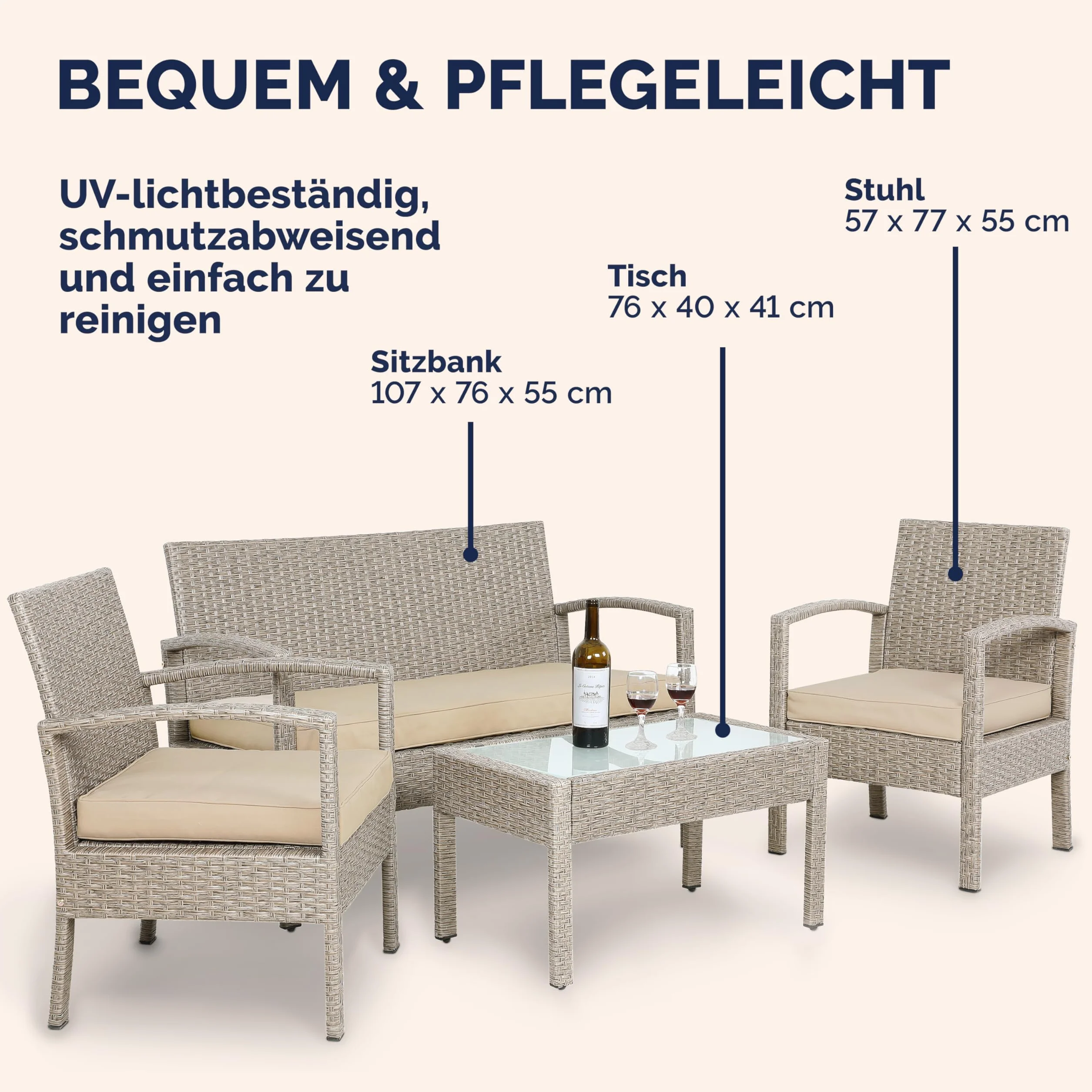 Casaria Lounge Tavolo da Giardino Polyrattan Set 4 Persone con Cuscini