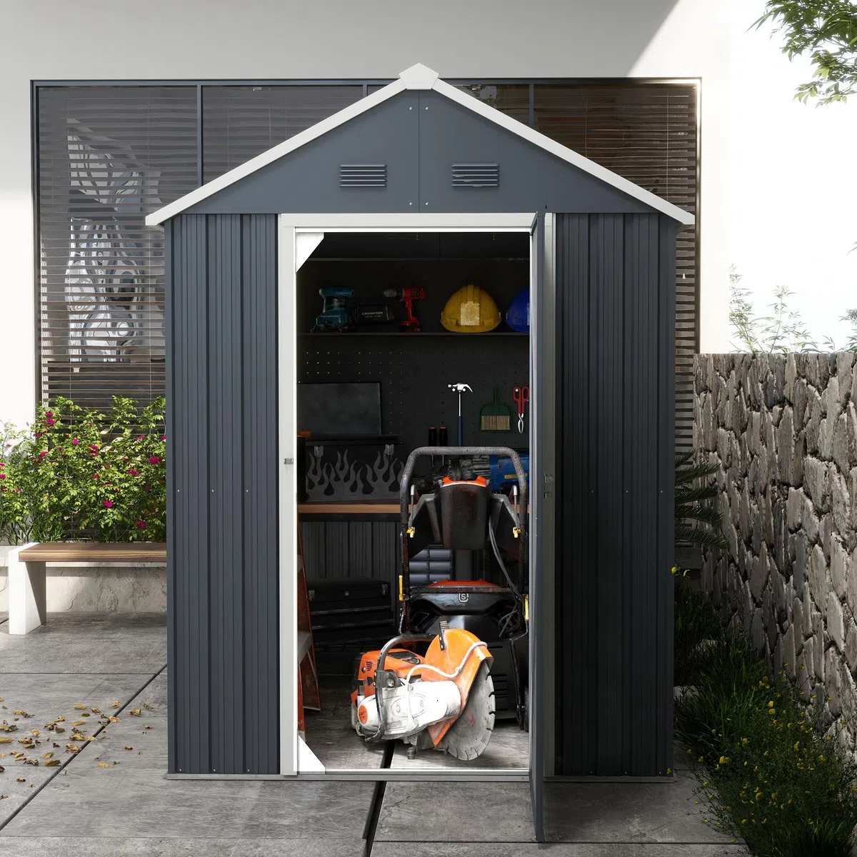 Outsunny Casetta da Giardino Porta Attrezzi in Acciaio Zincato e PP con 4 Prese d'Aria e Finestra, 259x171x222 cm, Grigia e Bianca