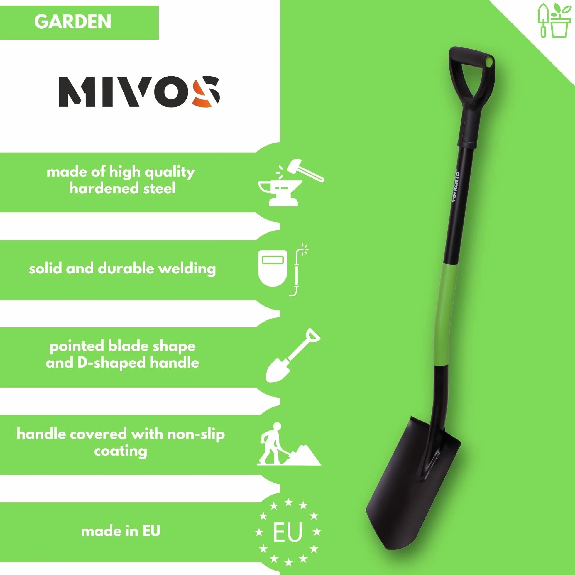Mivos Piccola paletta a punta – mini vanga a punta per lavori di giardinaggio e costruzione – vanga corta – vanga pionieristica