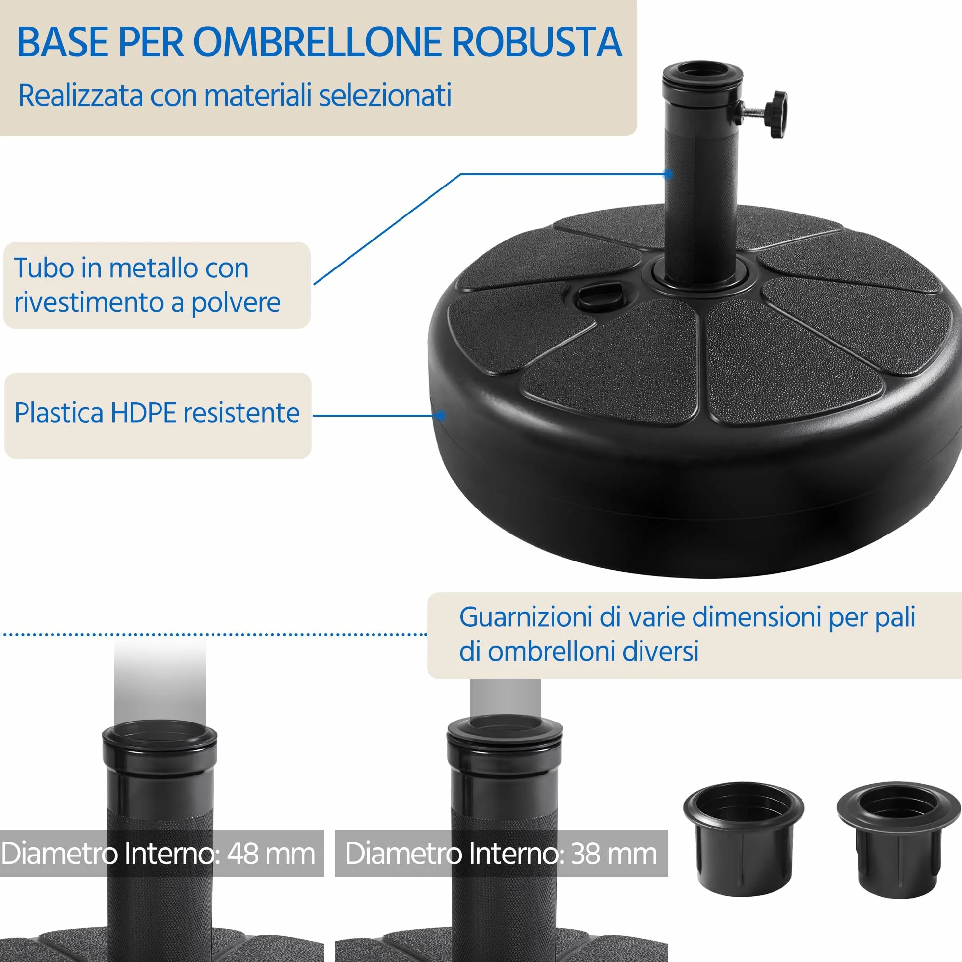 Yaheetech Base per Ombrellone da Giardino da Φ38mm o Φ48mm Esterno in HDPE Riempibile con Sabbia o Acqua 22L Rotonda Antiscivolo Terrazza Piscina Spiaggia Nero