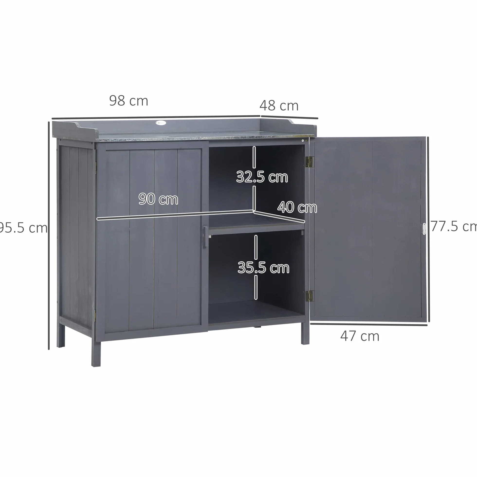 Outsunny Armadietto da Esterno in Legno di Abete con Piano da Lavoro in Metallo Zincato e 2 Ripiani Porta Attrezzi, 98x48x95.5 cm, Grigio