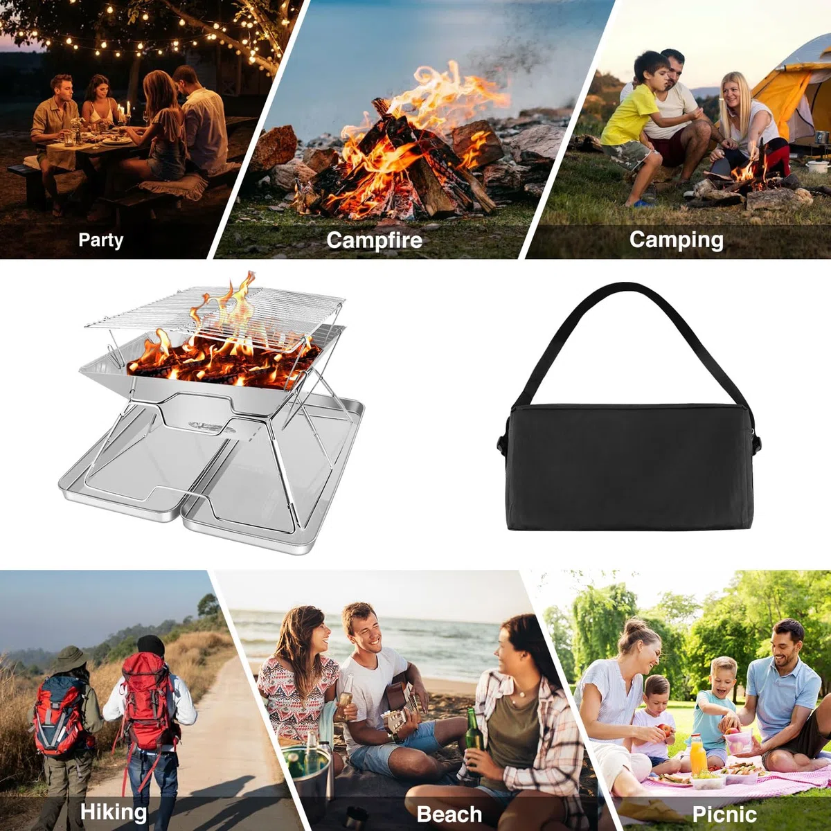 Braciere pieghevole portatile con braciere, set da campeggio pieghevole con scatola di ferro e borsa per il trasporto, griglia pieghevole in acciaio inox per barbecue, picnic, patio