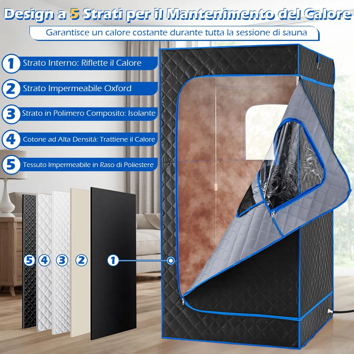 COSTWAY Cabina Sauna a Vapore 3L 1200W Riscaldamento Rapido 15 Livelli Temperatura Timer 99 Minuti Sedia Pieghevole Tappetino Blu