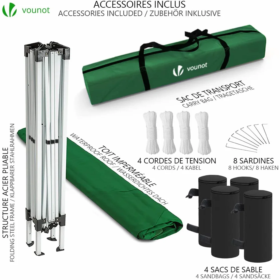 VOUNOT® Gazebo Pieghevole da Giardino 3x3 M Tenda Pop Up con 4 Sacchi di Sabbia e Sacca Trasporto Verde