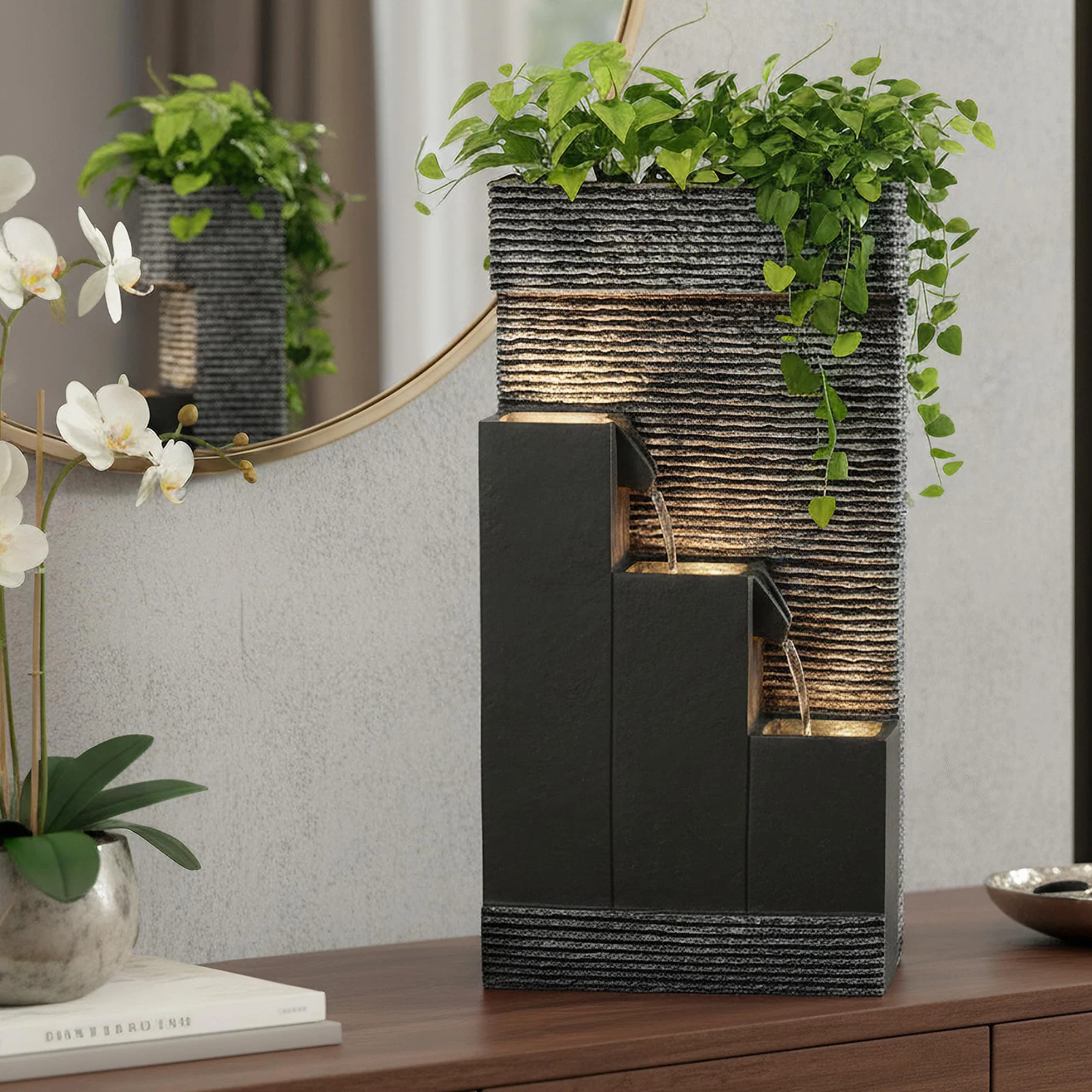 Fontana da giardino BK845 con illuminazione a LED fontana per interni ed esterni. Può essere piantato, decorazione del giardino cascata