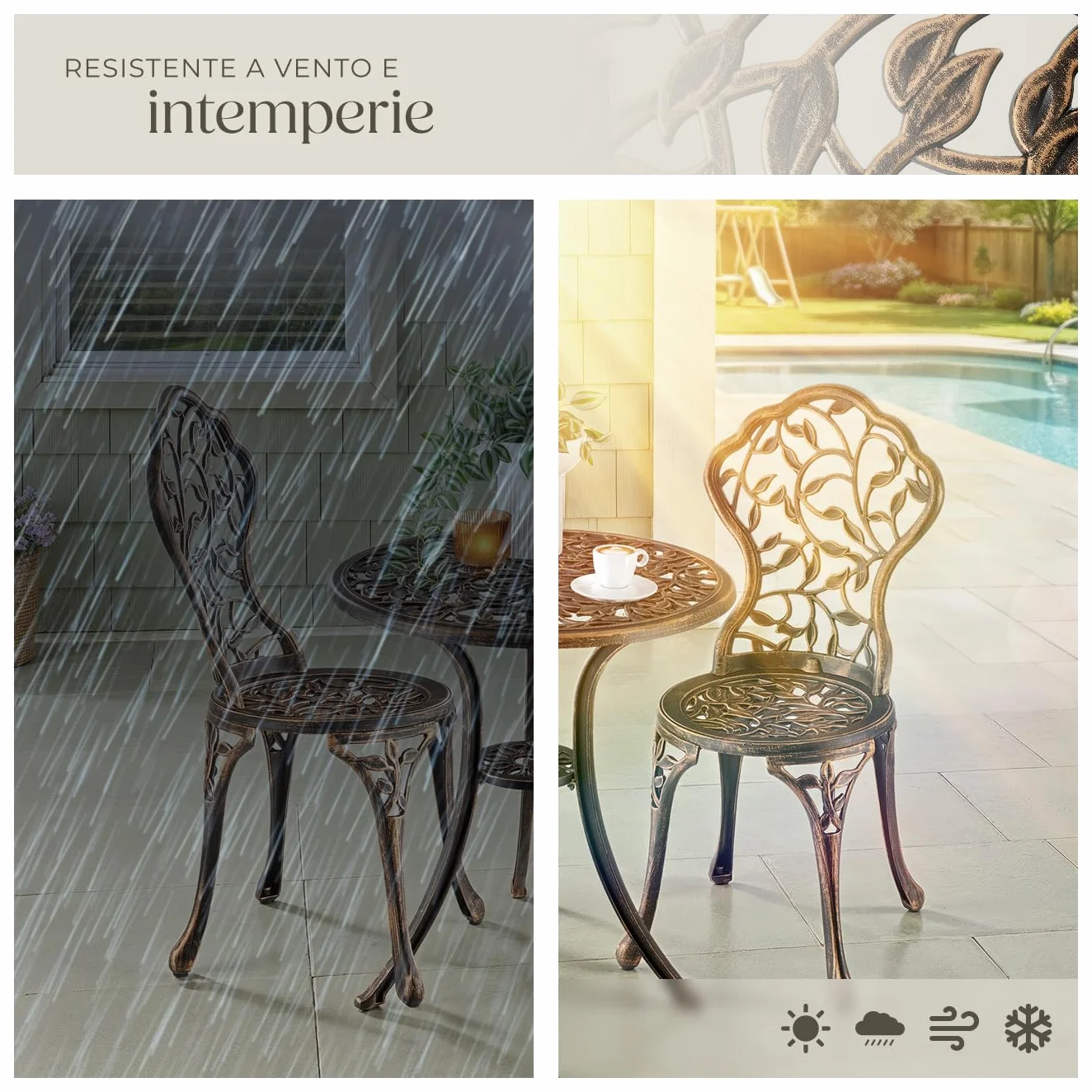 Tectake Bistrot Set per 2 Persone, Tavolo e Sedie da Giardino in Alluminio, Motivo Foglia Vintage