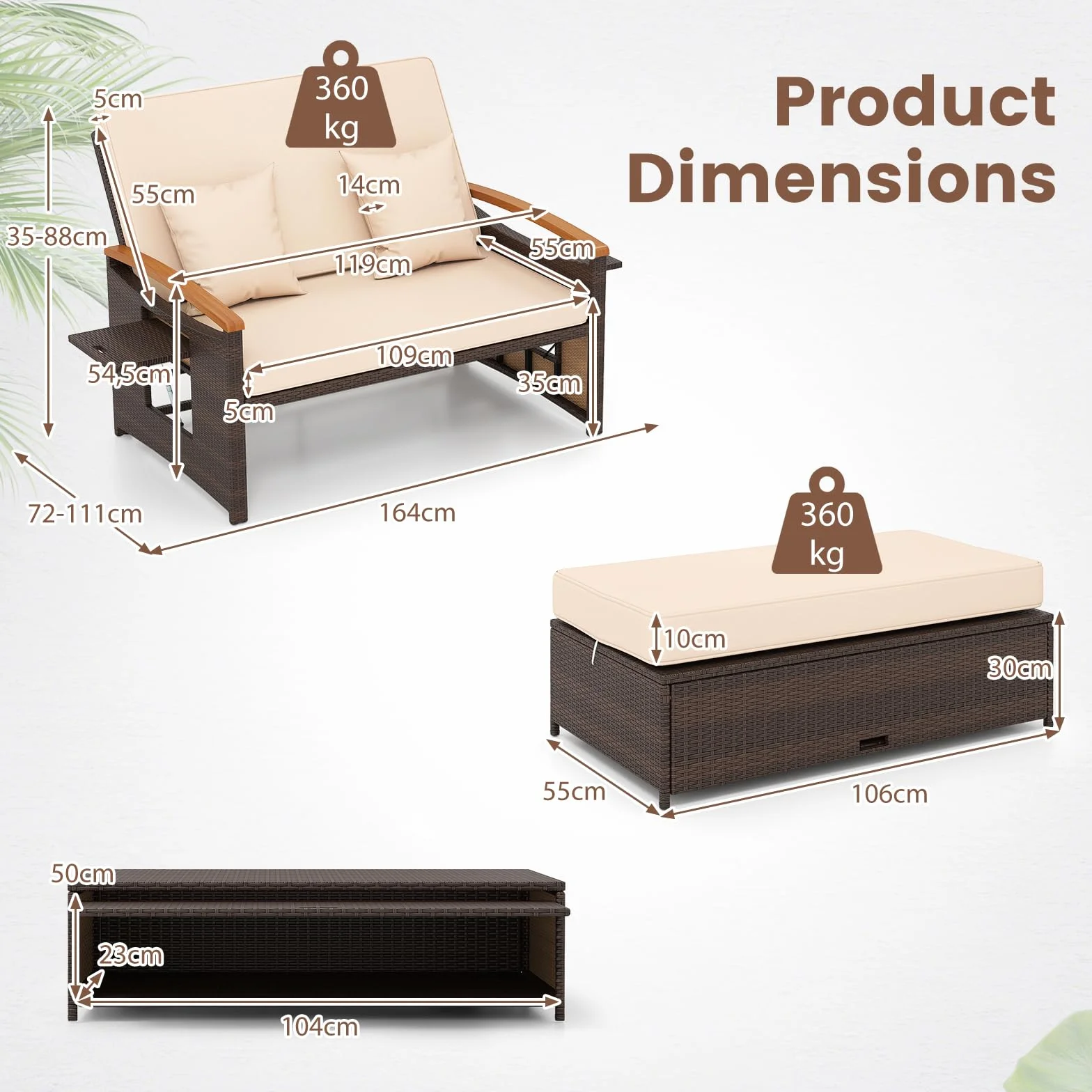 GIANTEX Divano da Giardino in Rattan a 2 Posti con Funzione Allungata, Set di Mobili in Rattan con Sgabello, Doppia Sedia a Sdraio per 2 Persone, 3 Colori (Cuscino Beige)