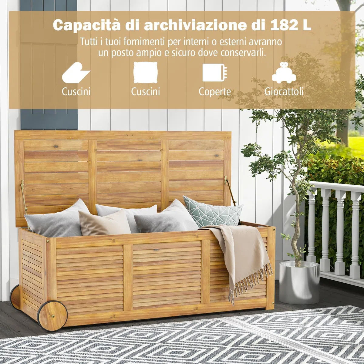 RELAX4LIFE Panca Baule182 L in Legno di Acacia con Ruote e Maniglie, Contenitore Portatutto da Interno Esterno, Cassapanca Contenitore da Interno,127x20x45cm